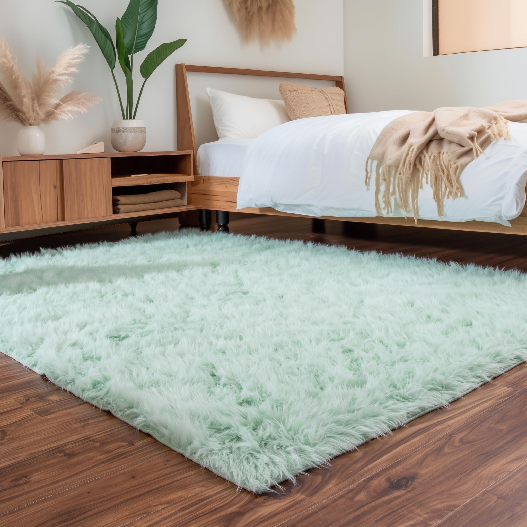 Mint Green Serene Faux Fur Solid Fake Sheepskin Rug