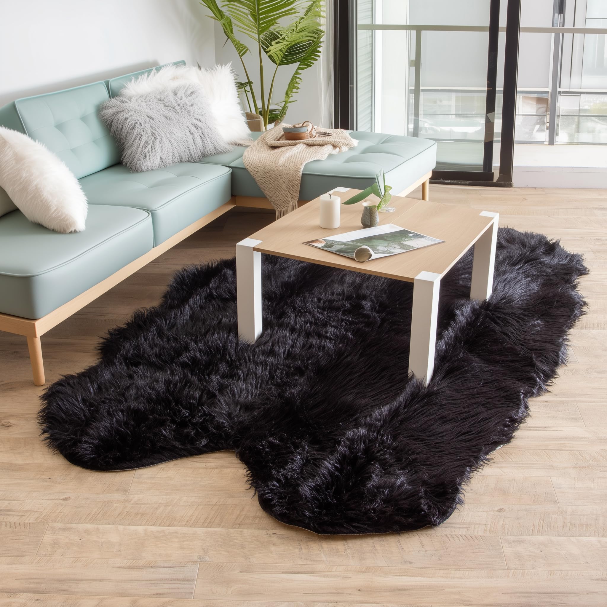 Black Serene Faux Fur Solid Fake Sheepskin Rug