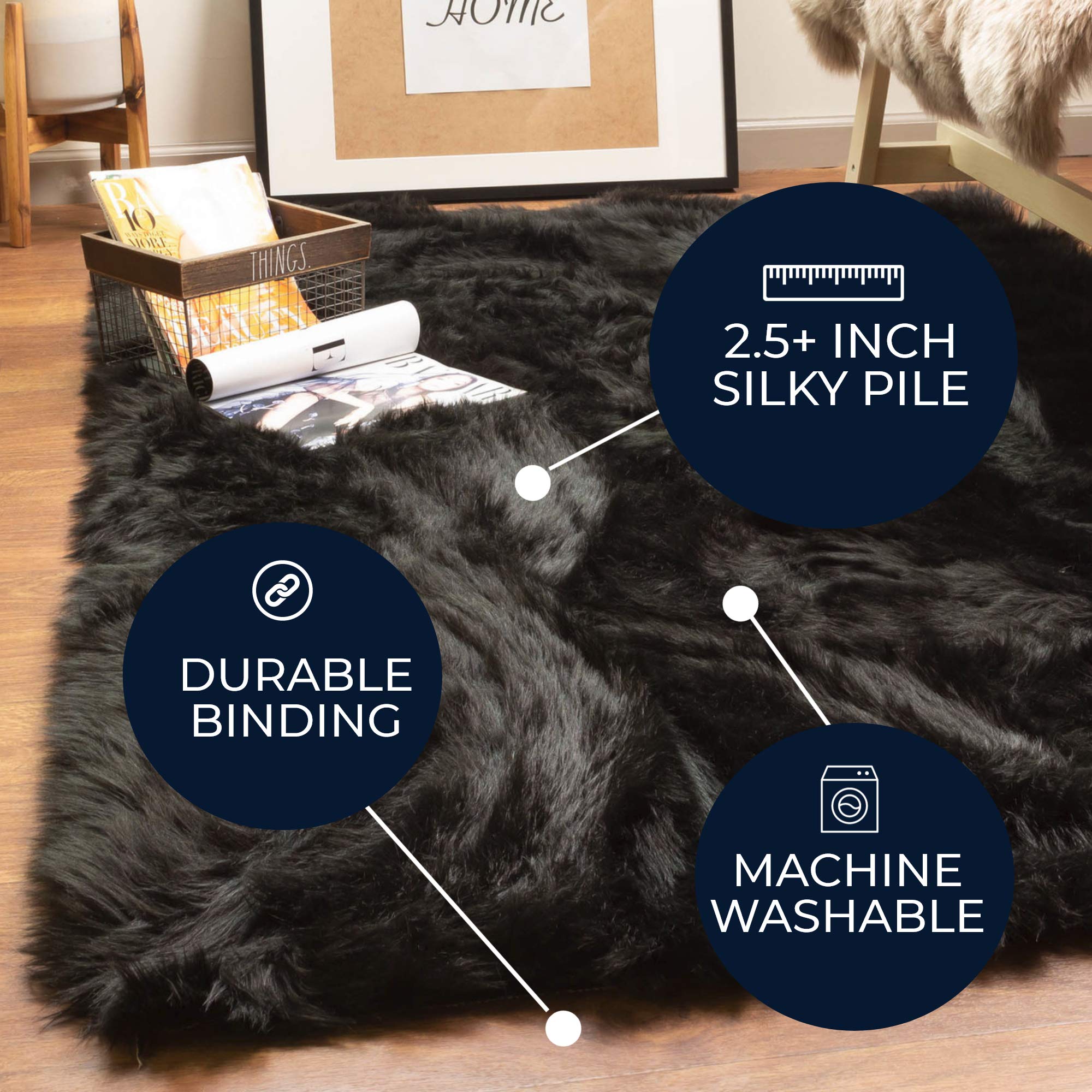 Black Serene Faux Fur Solid Fake Sheepskin Rug