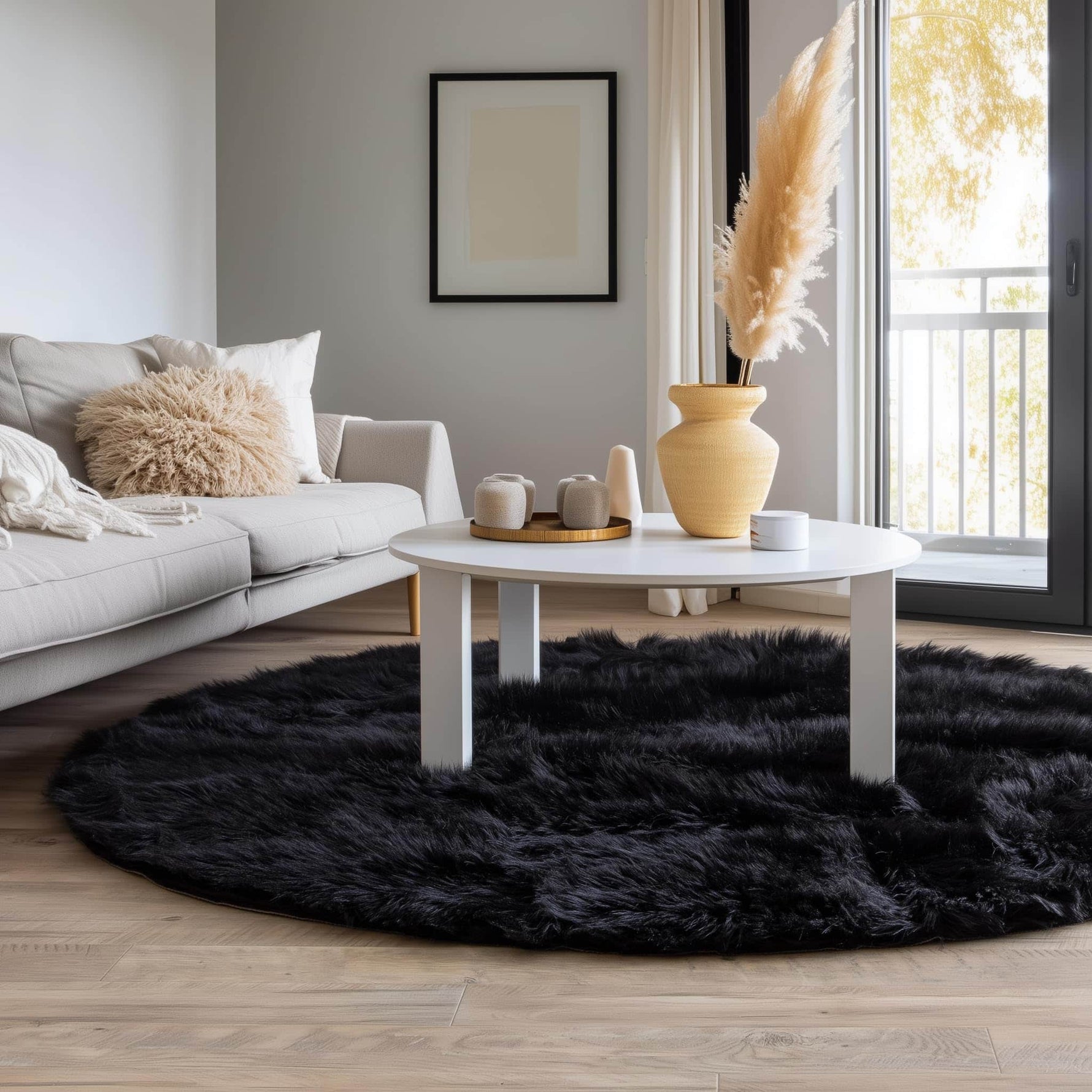 Black Serene Faux Fur Solid Fake Sheepskin Rug