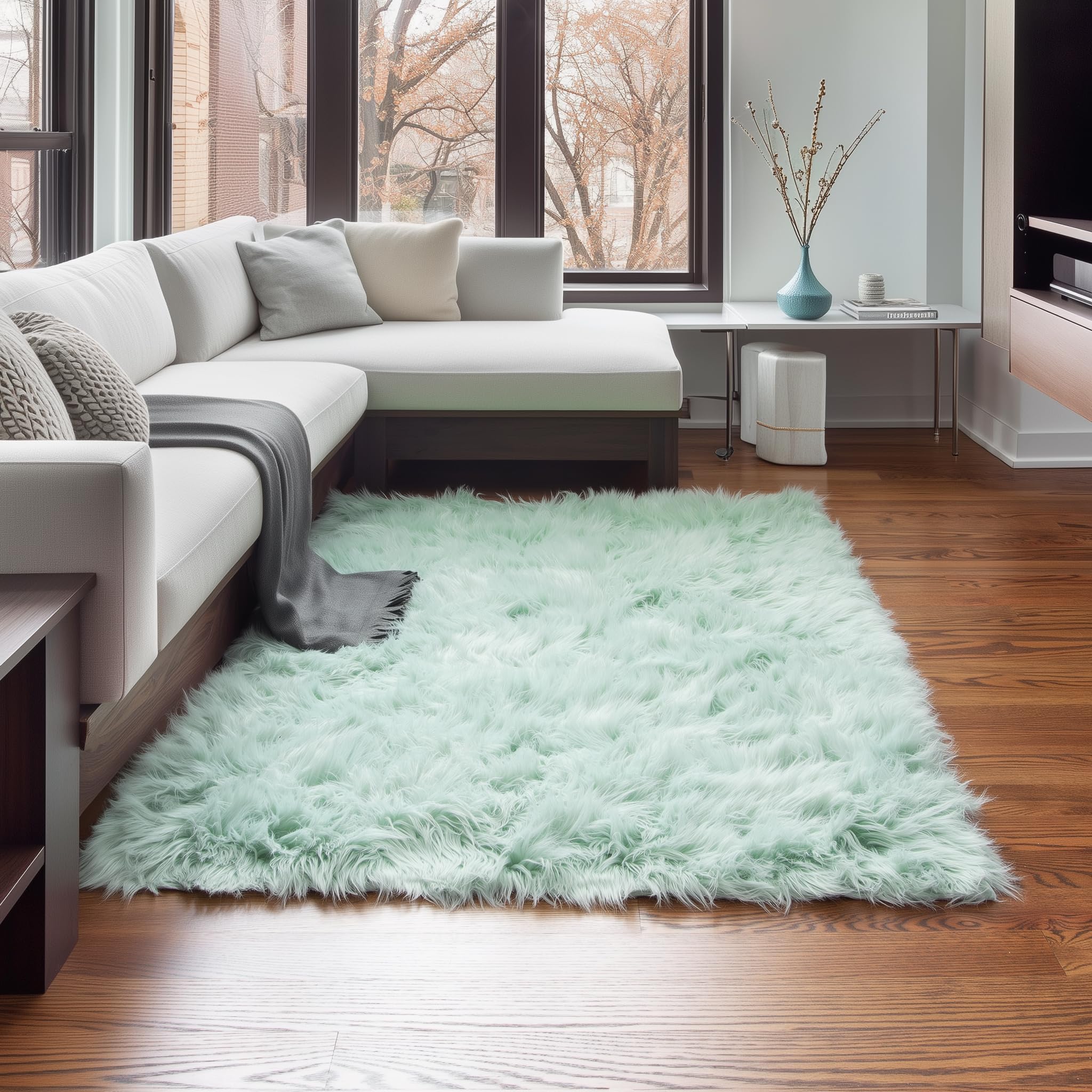Mint Green Serene Faux Fur Solid Fake Sheepskin Rug