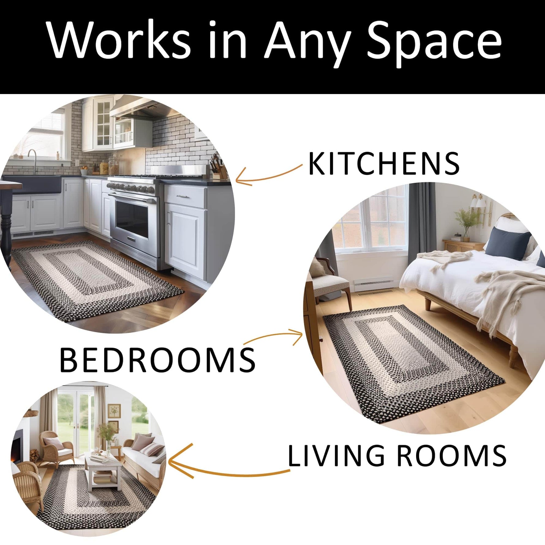 Black, Gray Braided Rug - Soft Cotton Bordered Area Rug for Rustic Farmhouses