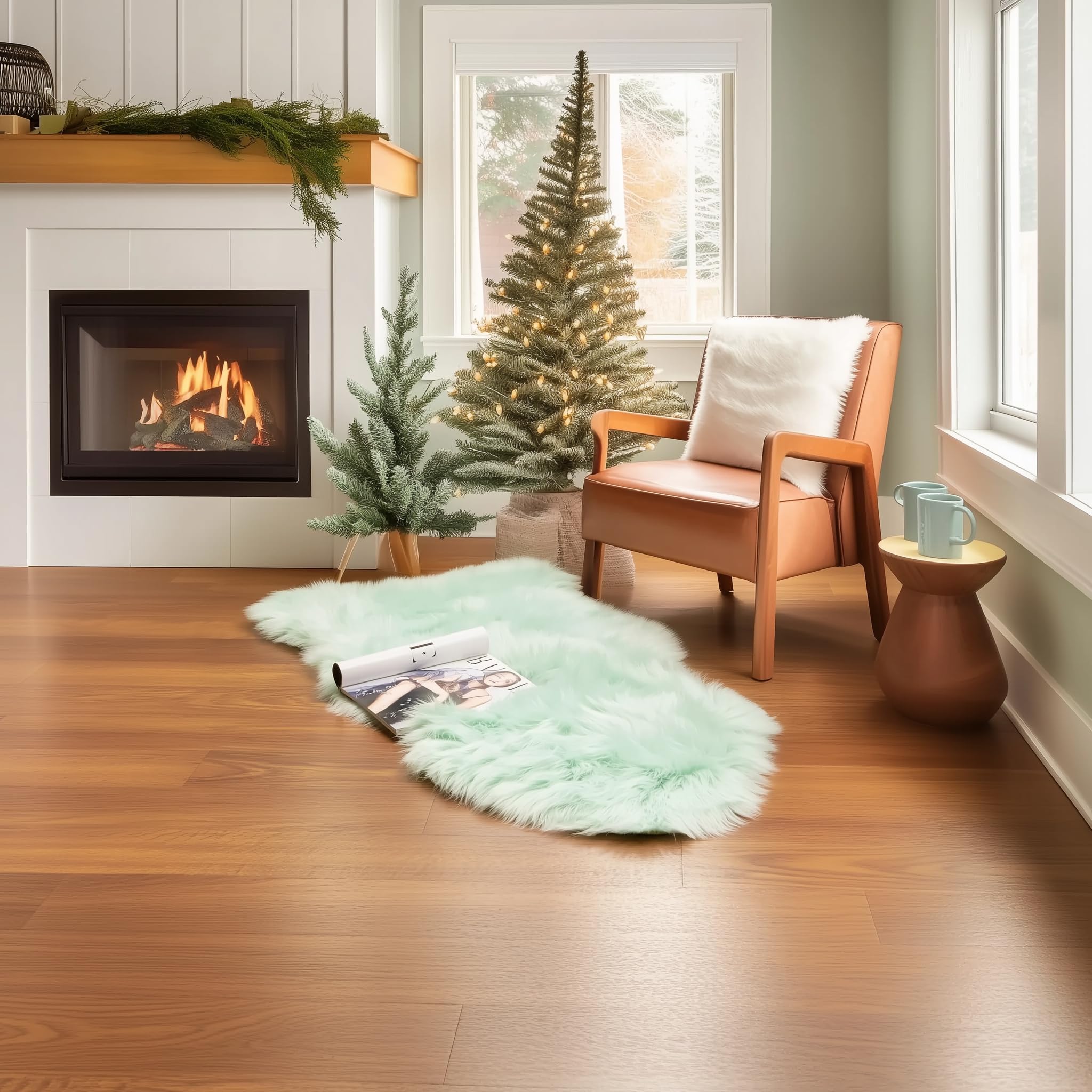Mint Green Serene Faux Fur Solid Fake Sheepskin Rug