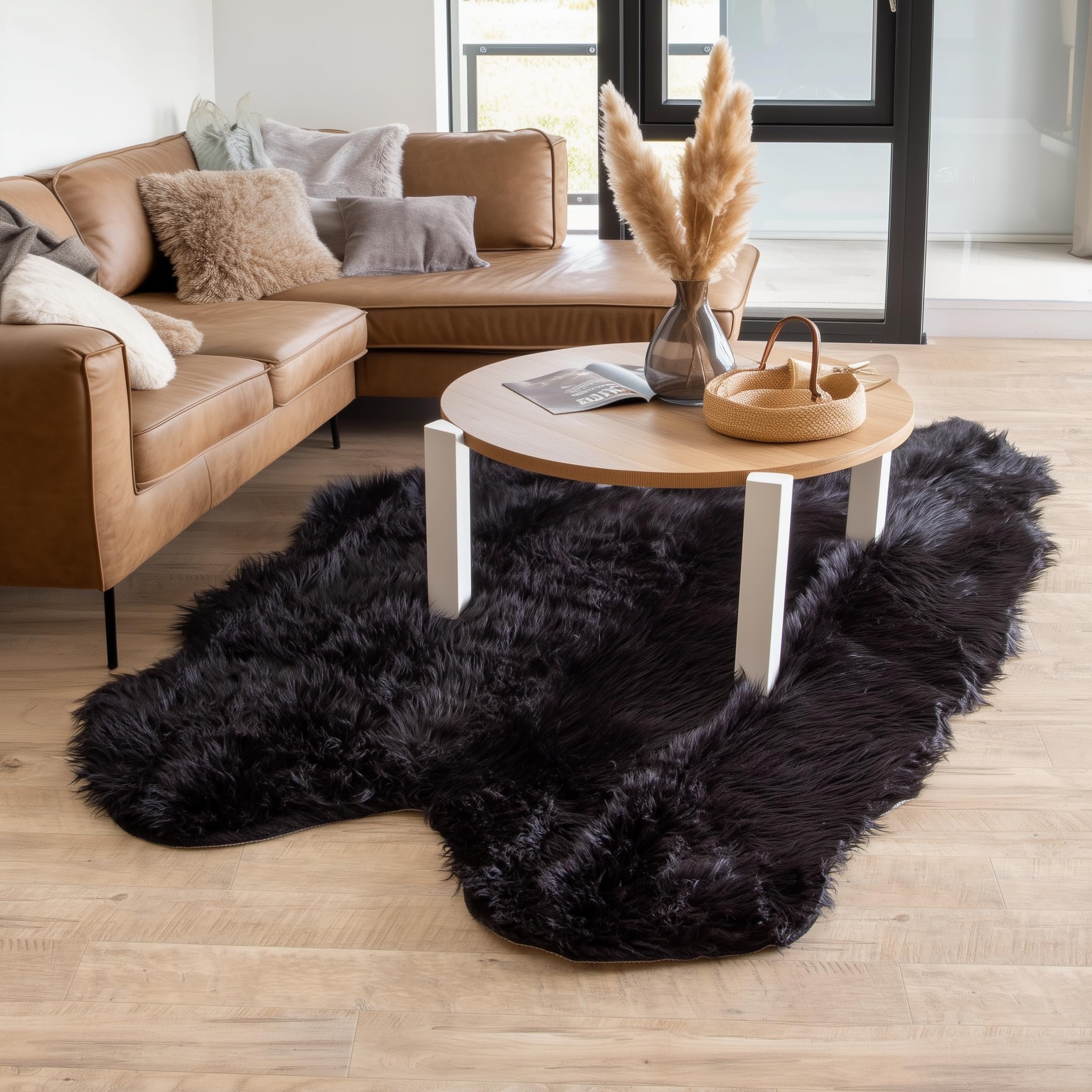 Black Serene Faux Fur Solid Fake Sheepskin Rug