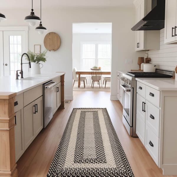 Black, Gray Braided Rug - Soft Cotton Bordered Area Rug for Rustic Farmhouses