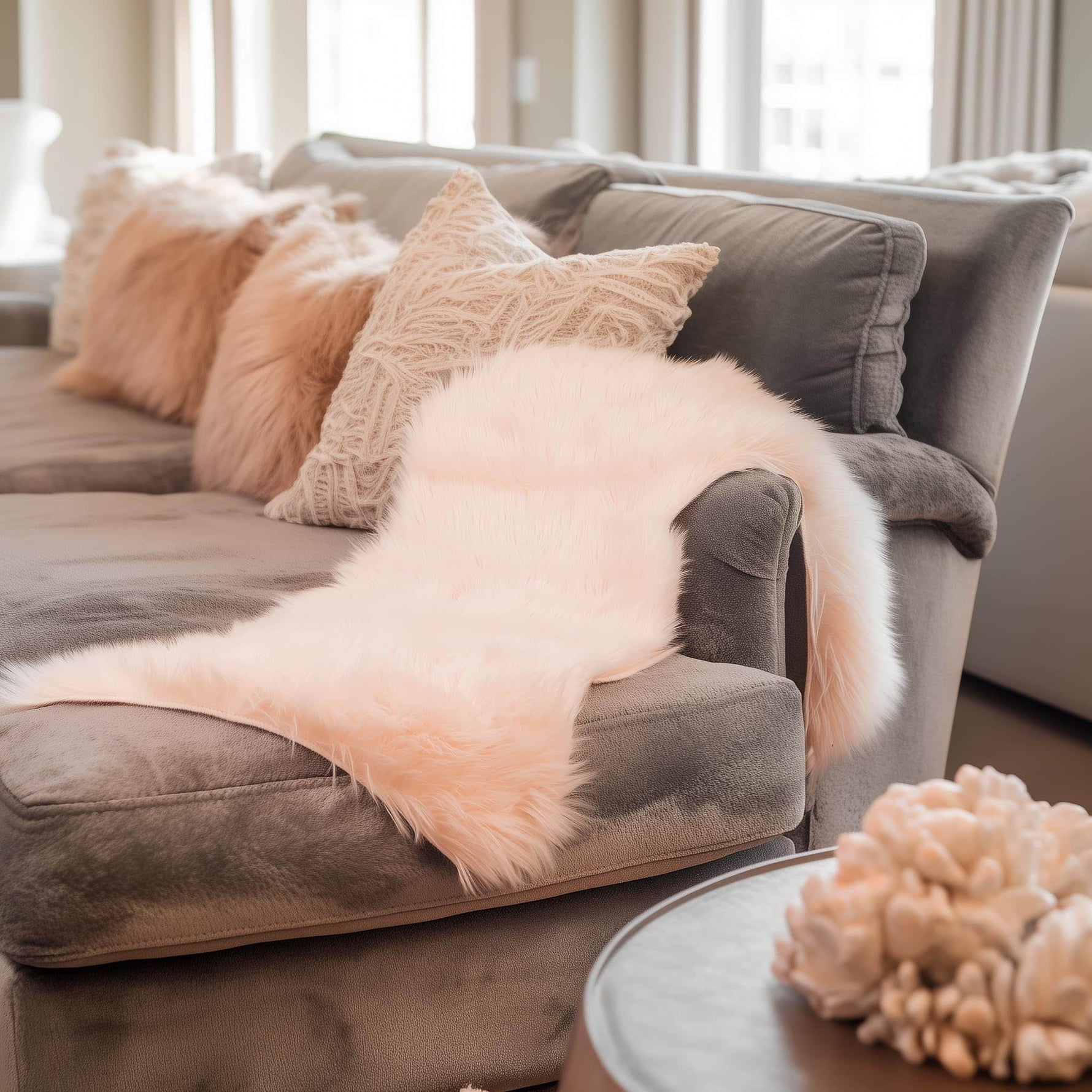 Light Pink Serene Faux Fur Solid Fake Sheepskin Rug