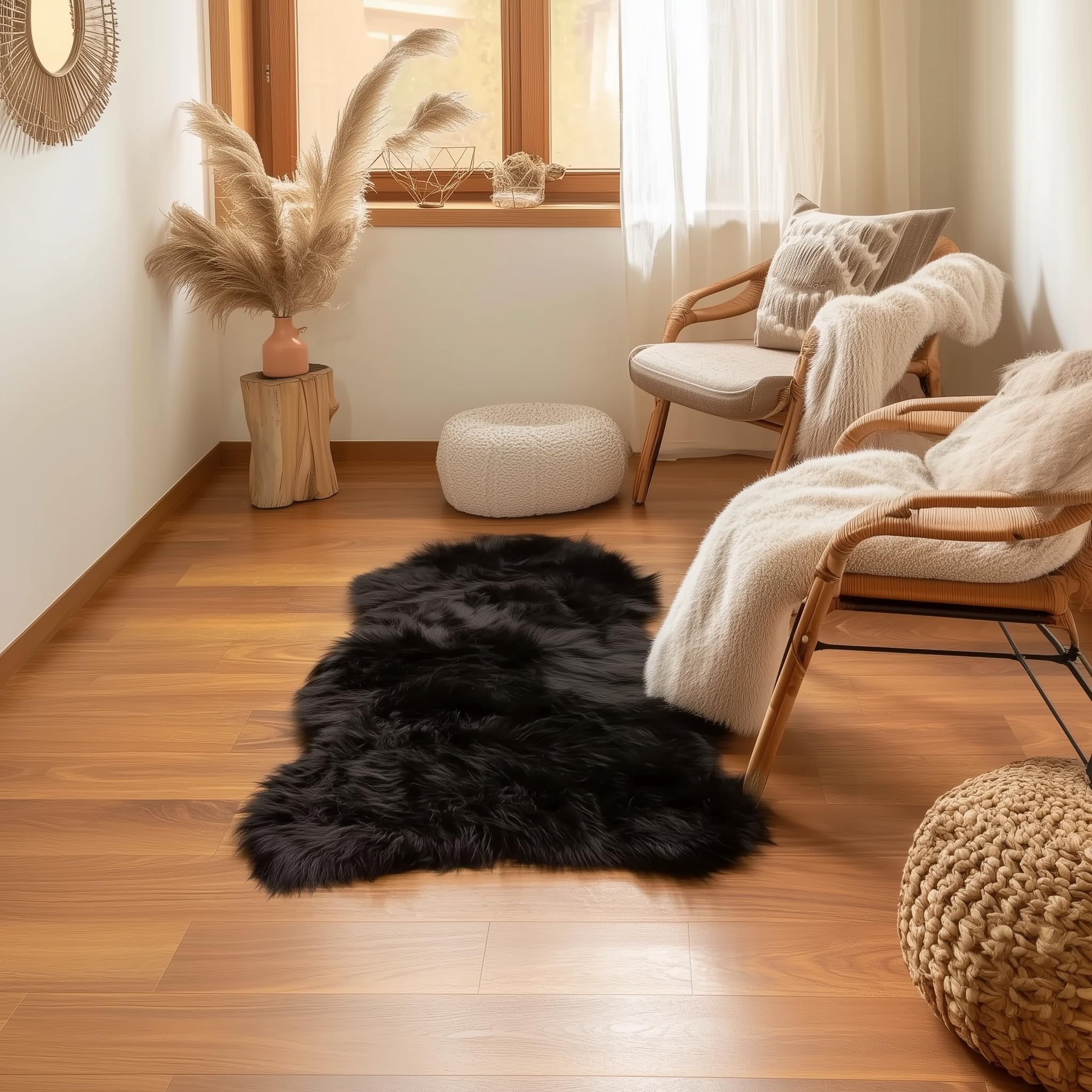 Black Serene Faux Fur Solid Fake Sheepskin Rug