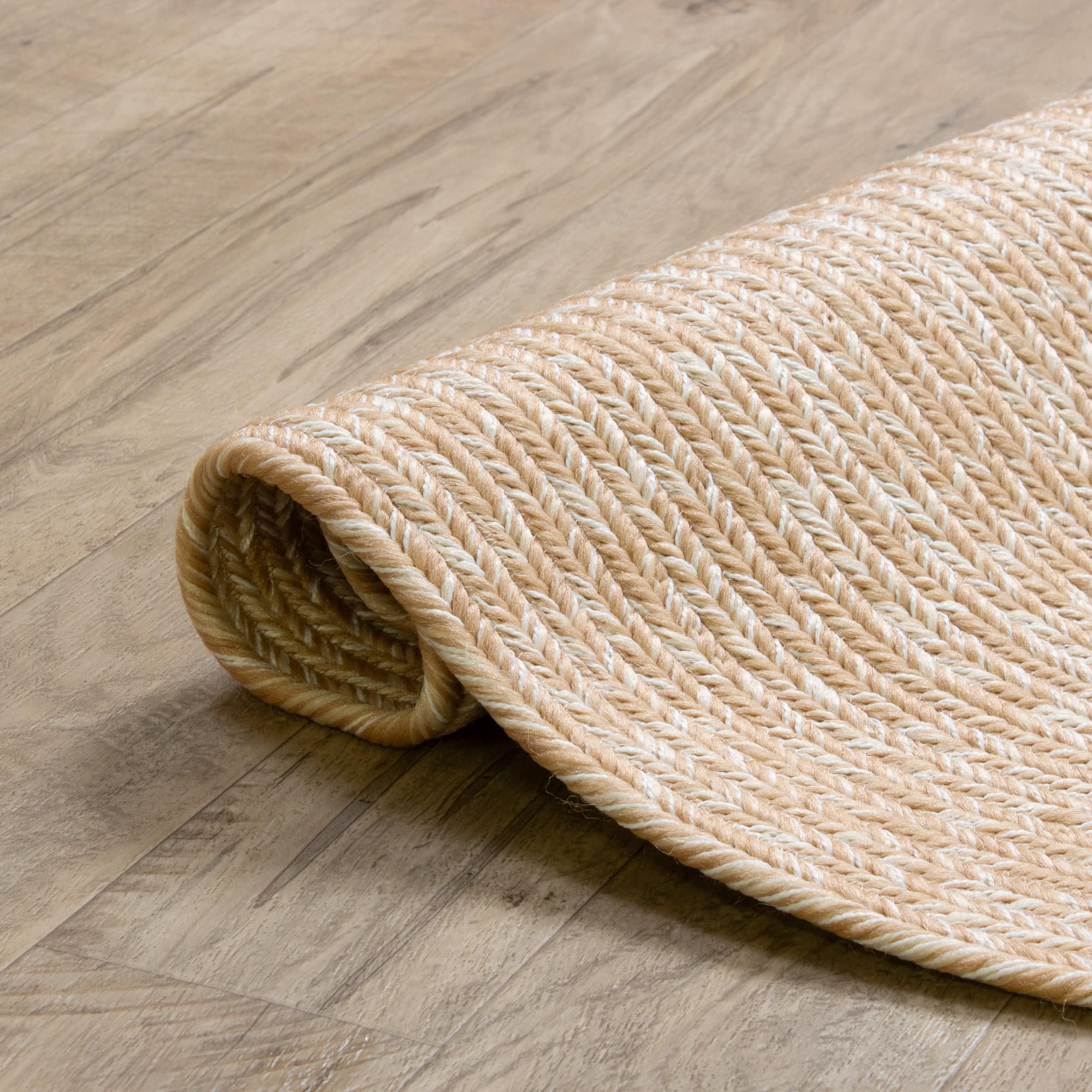 Beige, Brown Braided Rug - Reversible Solid Constrution - Indoor Outdoor & Kitchen Ready