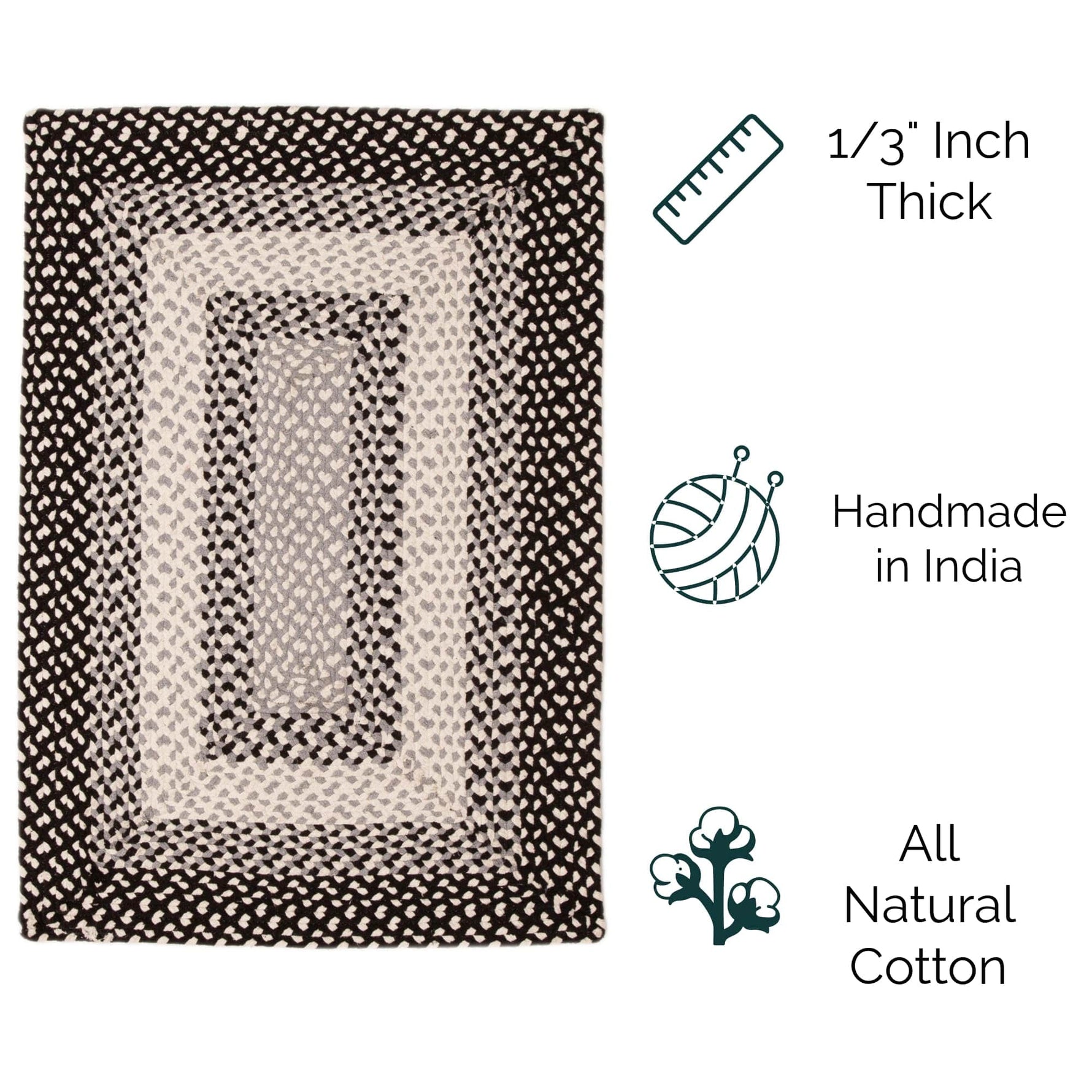 Black, Gray Braided Rug - Soft Cotton Bordered Area Rug for Rustic Farmhouses