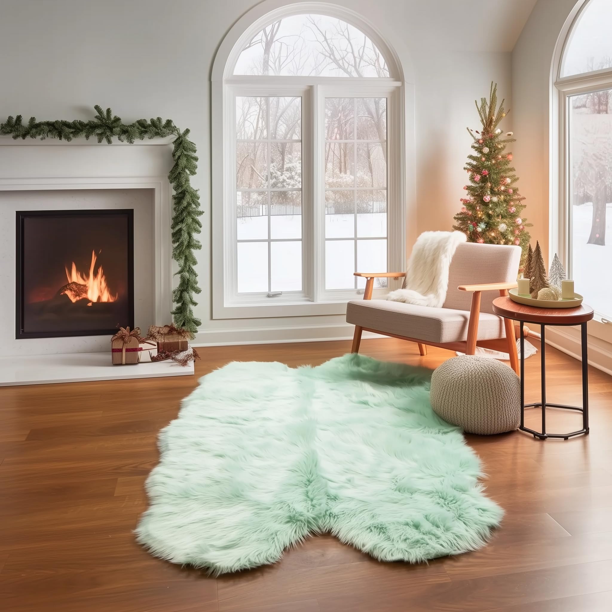 Mint Green Serene Faux Fur Solid Fake Sheepskin Rug