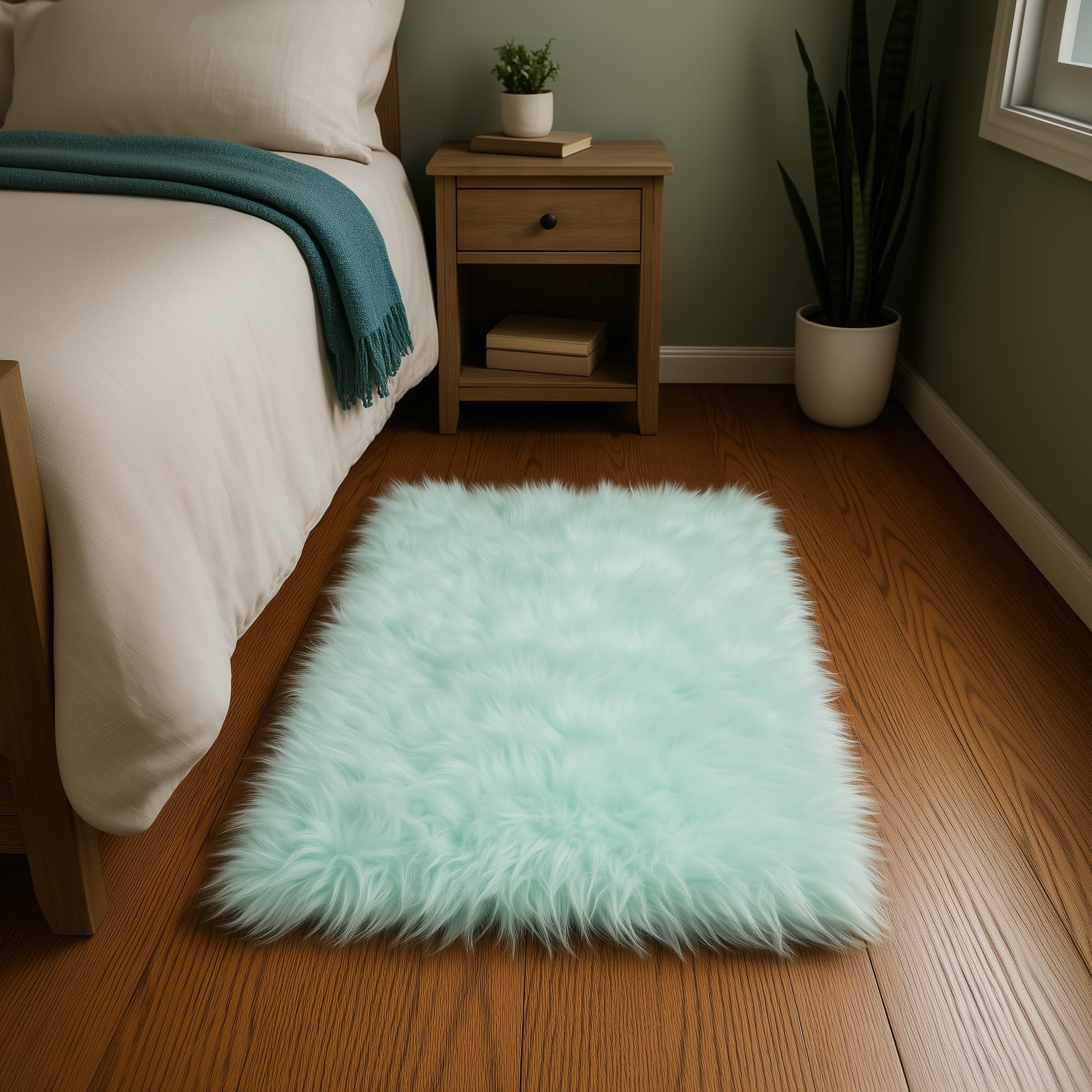 Teal Serene Faux Fur Solid Fake Sheepskin Rug