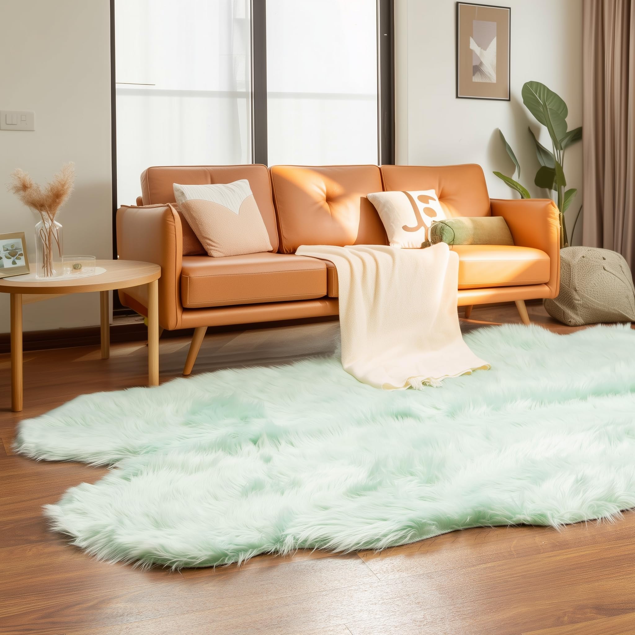 Mint Green Serene Faux Fur Solid Fake Sheepskin Rug