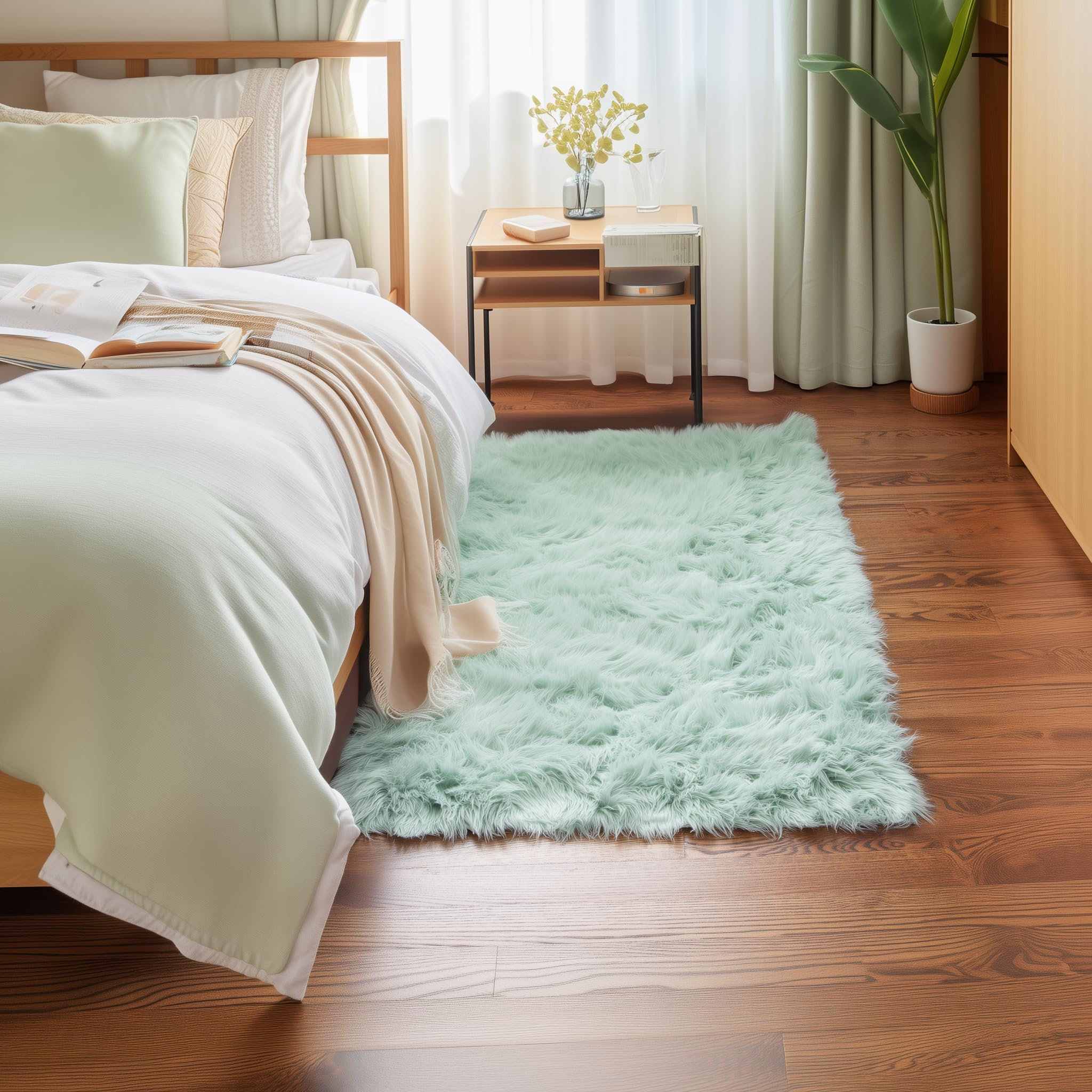 Mint Green Serene Faux Fur Solid Fake Sheepskin Rug