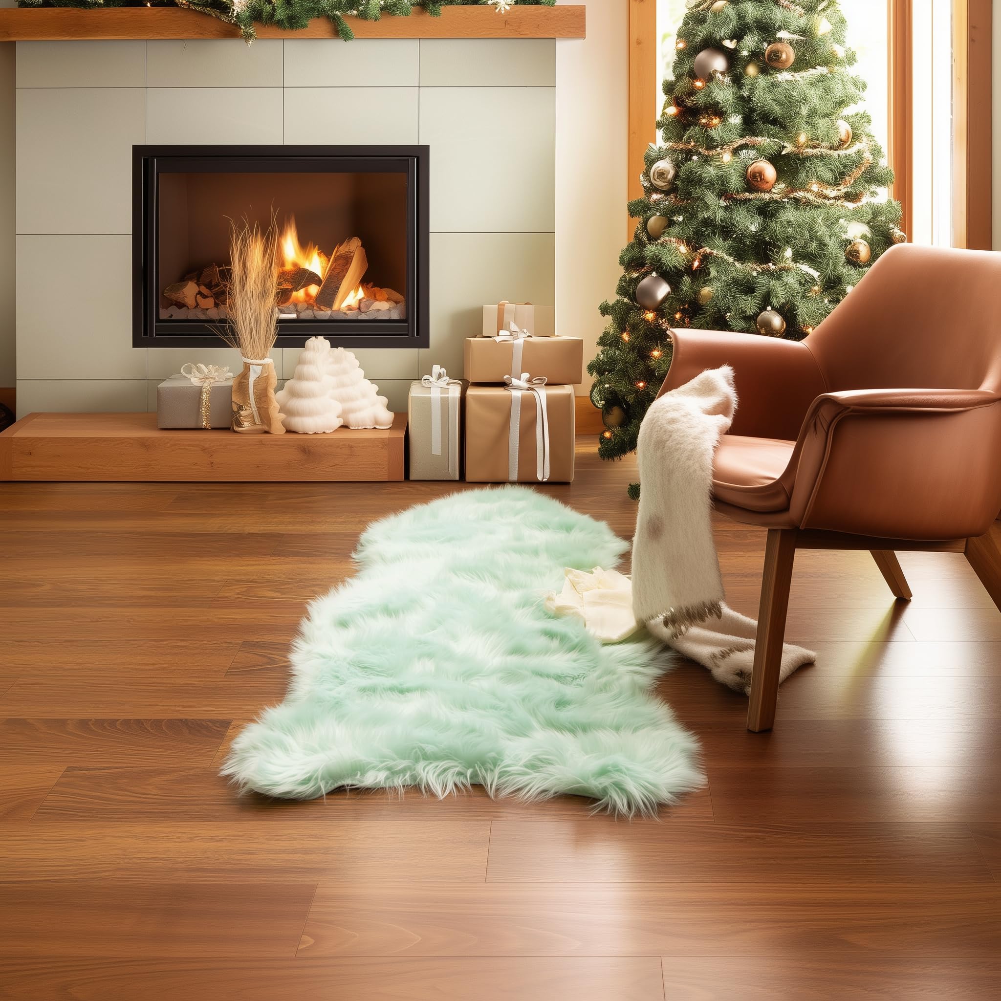 Mint Green Serene Faux Fur Solid Fake Sheepskin Rug