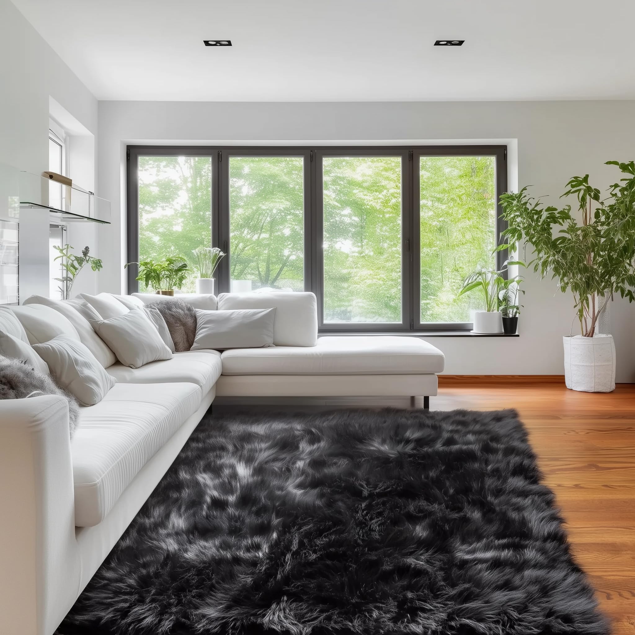 Black Serene Faux Fur Solid Fake Sheepskin Rug