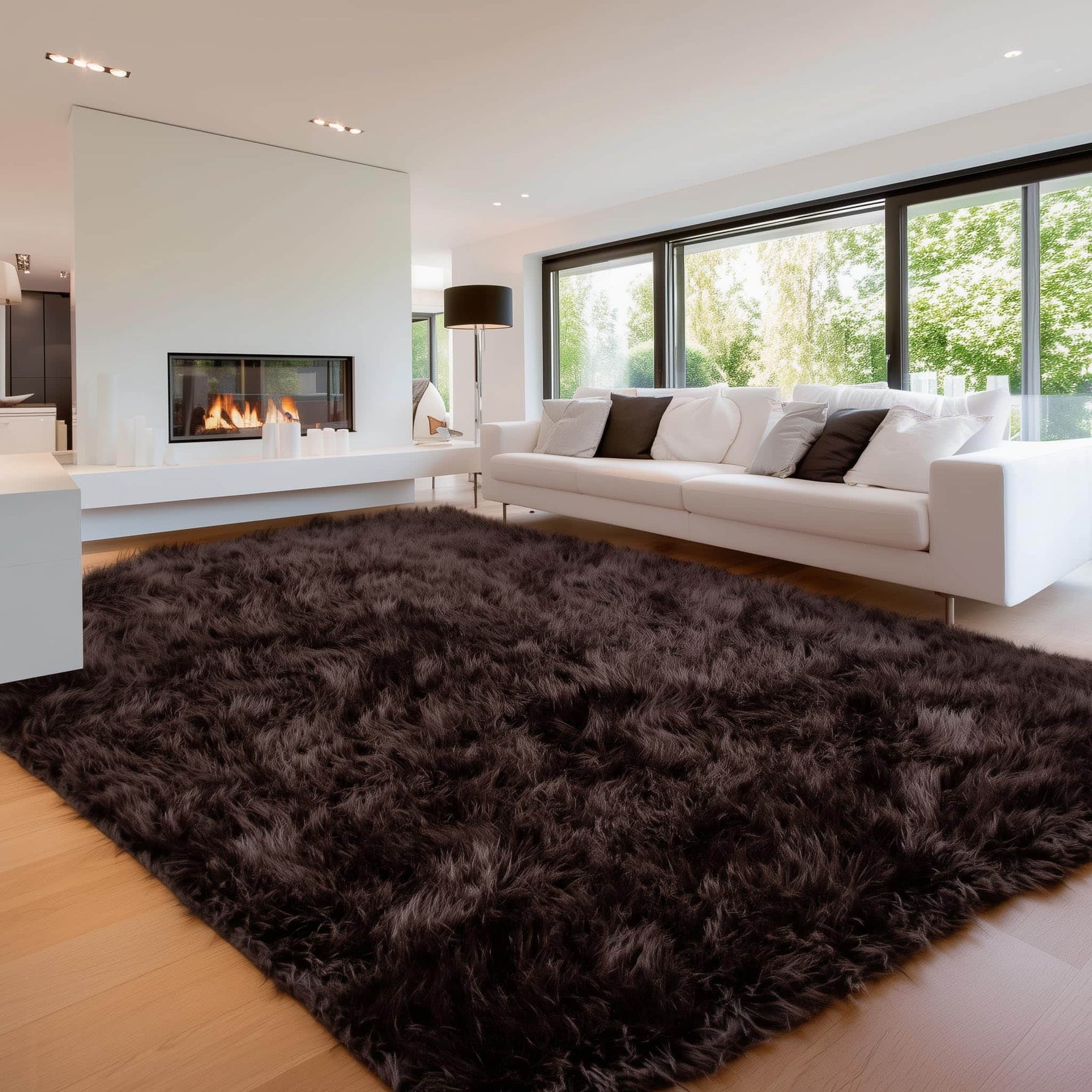 Black Serene Faux Fur Solid Fake Sheepskin Rug