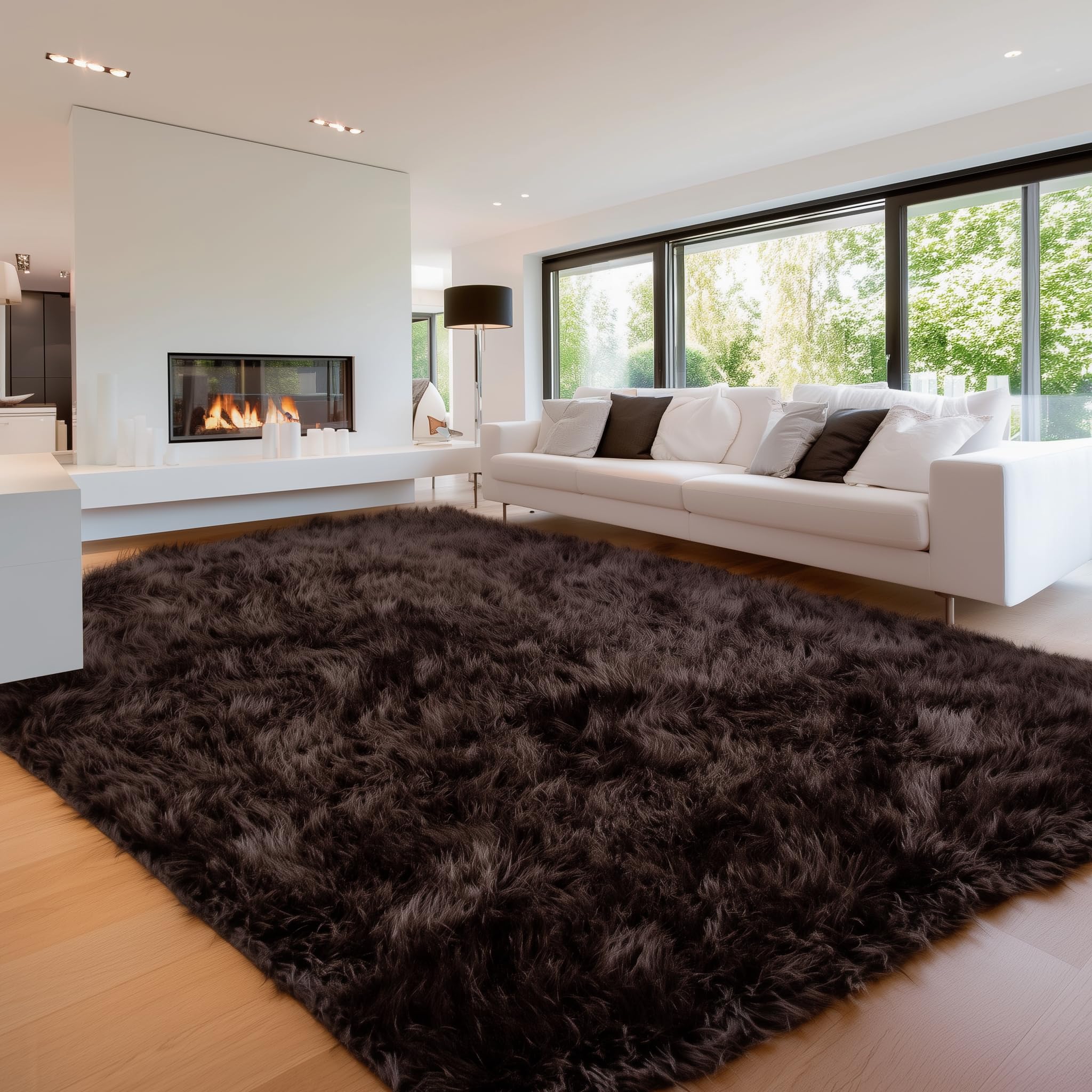 Black Serene Faux Fur Solid Fake Sheepskin Rug
