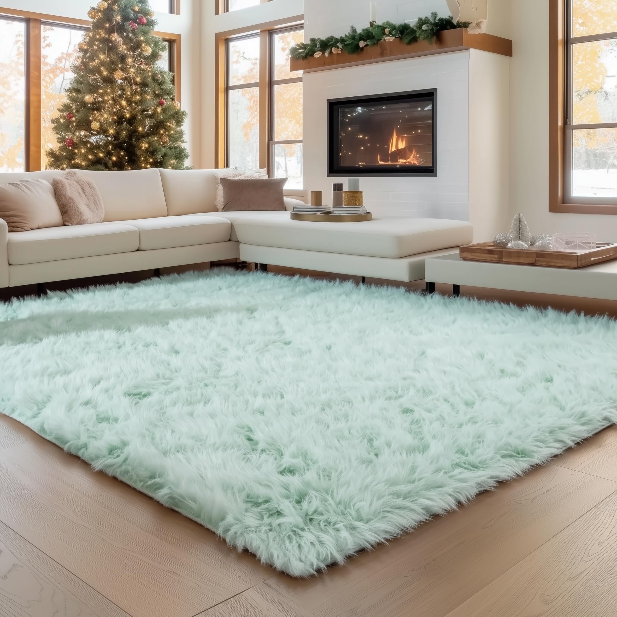Mint Green Serene Faux Fur Solid Fake Sheepskin Rug