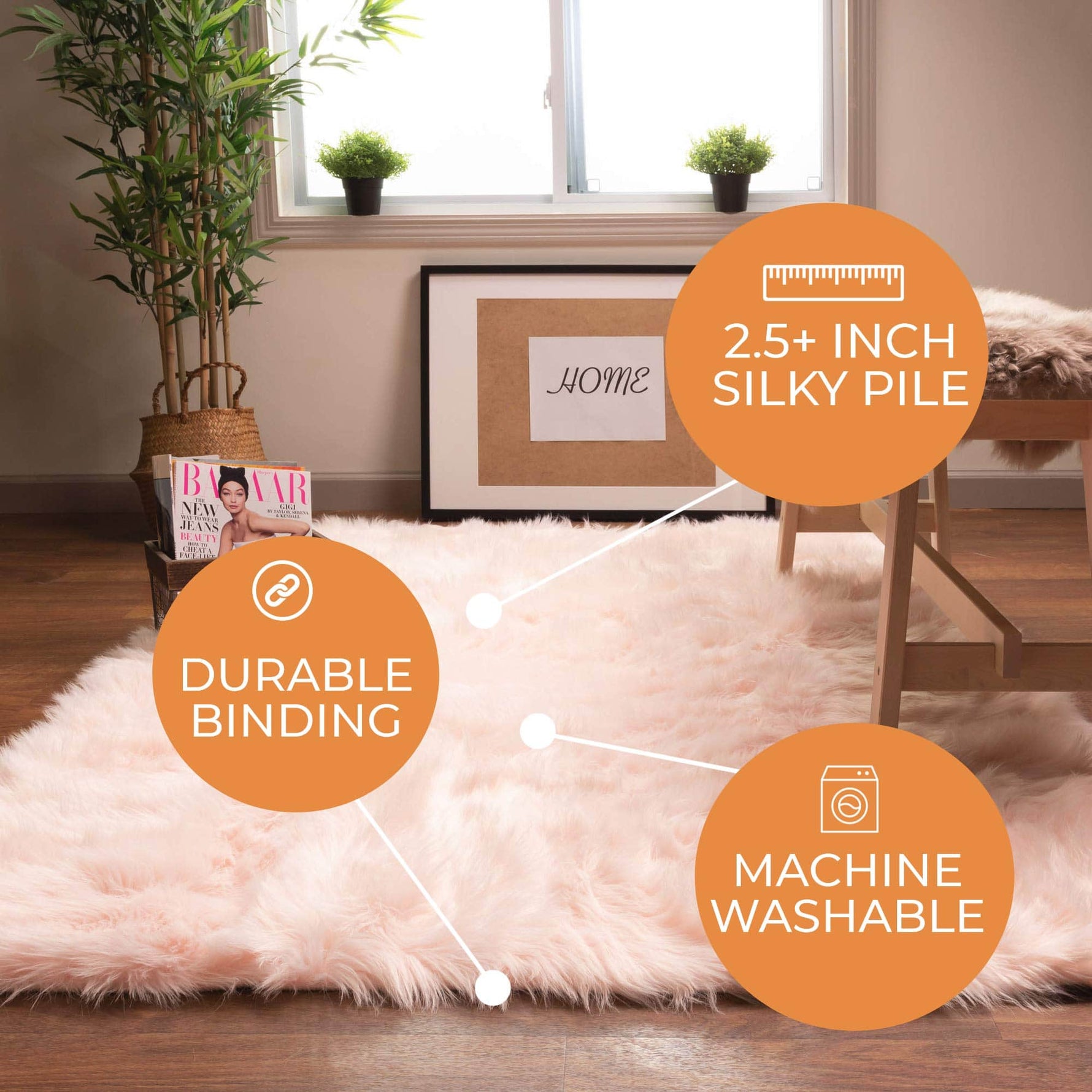 Light Pink Serene Faux Fur Solid Fake Sheepskin Rug