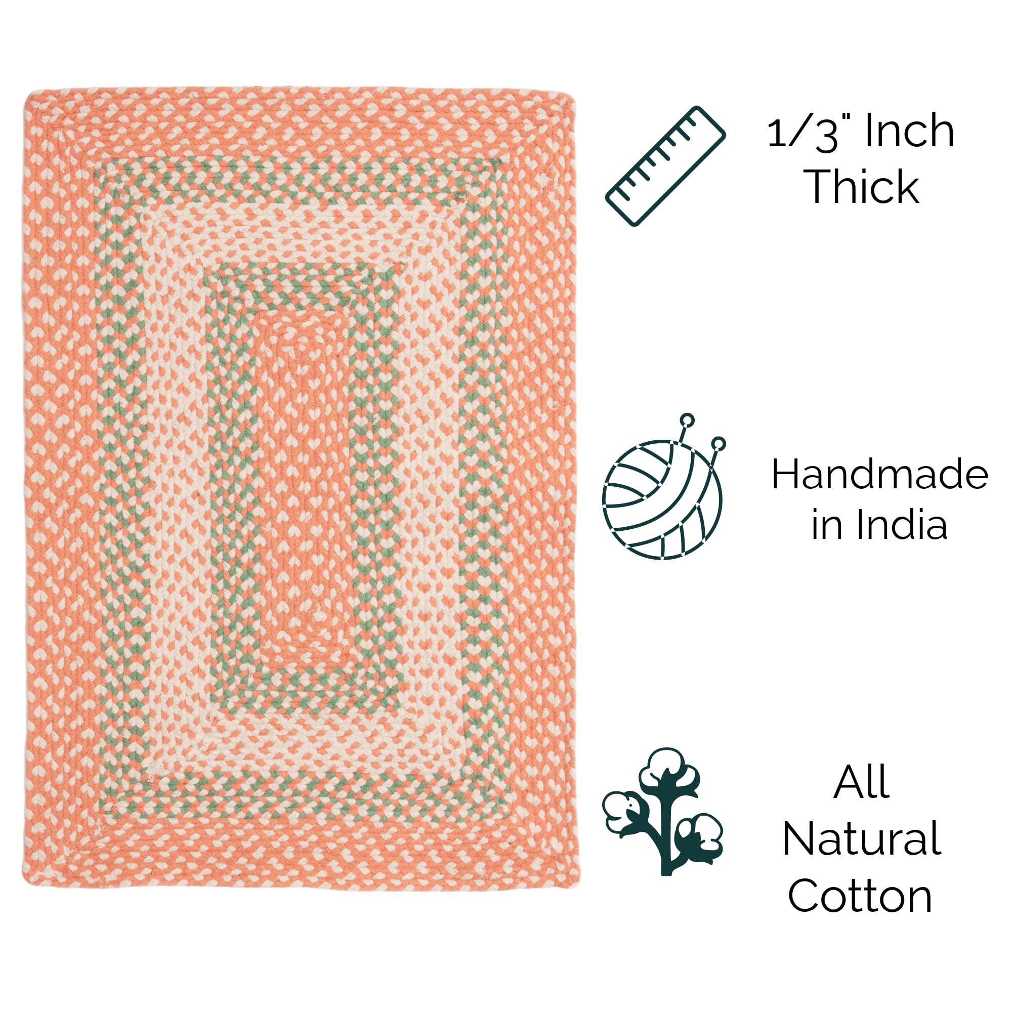 Coral, Green Braided Rug - Soft Cotton Bordered Area Rug for Kids Rooms & Nursery