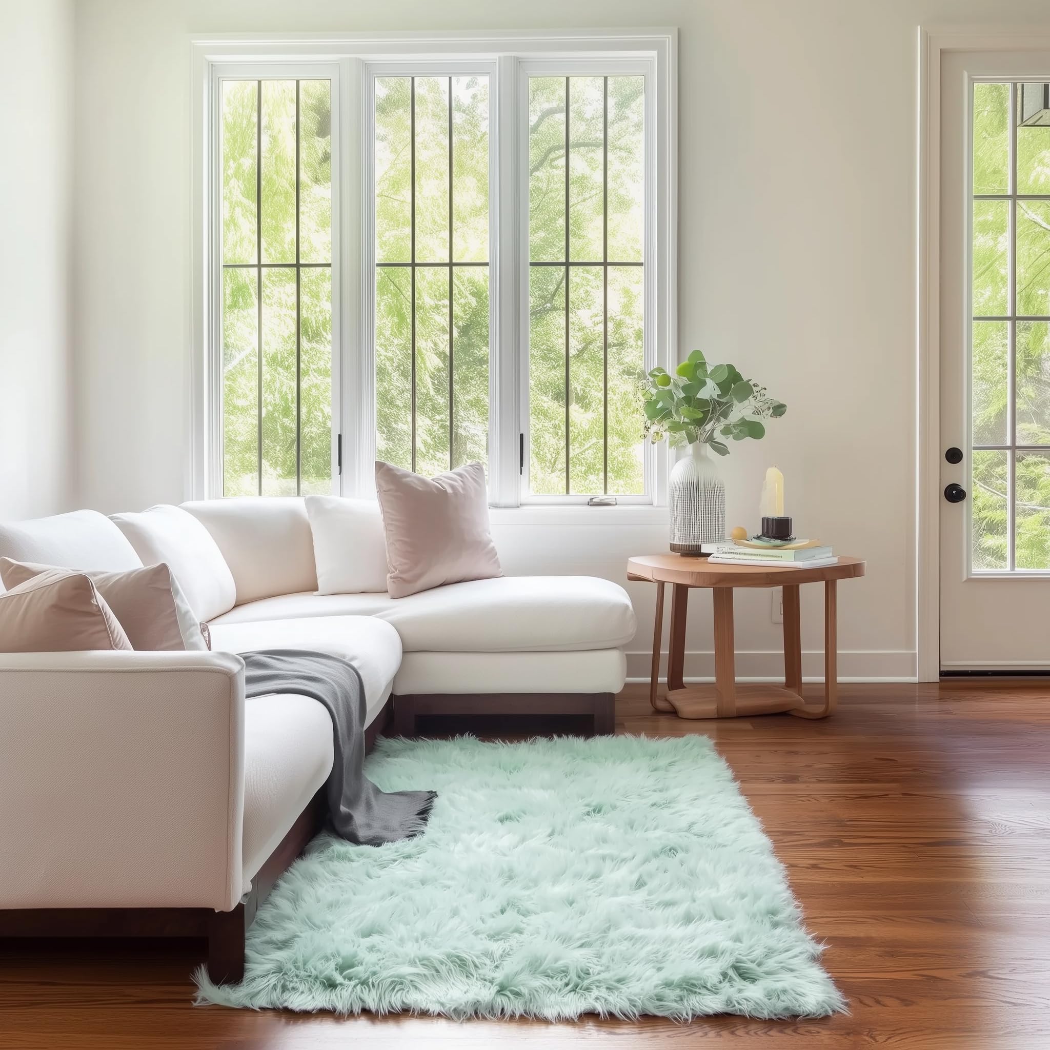 Mint Green Serene Faux Fur Solid Fake Sheepskin Rug