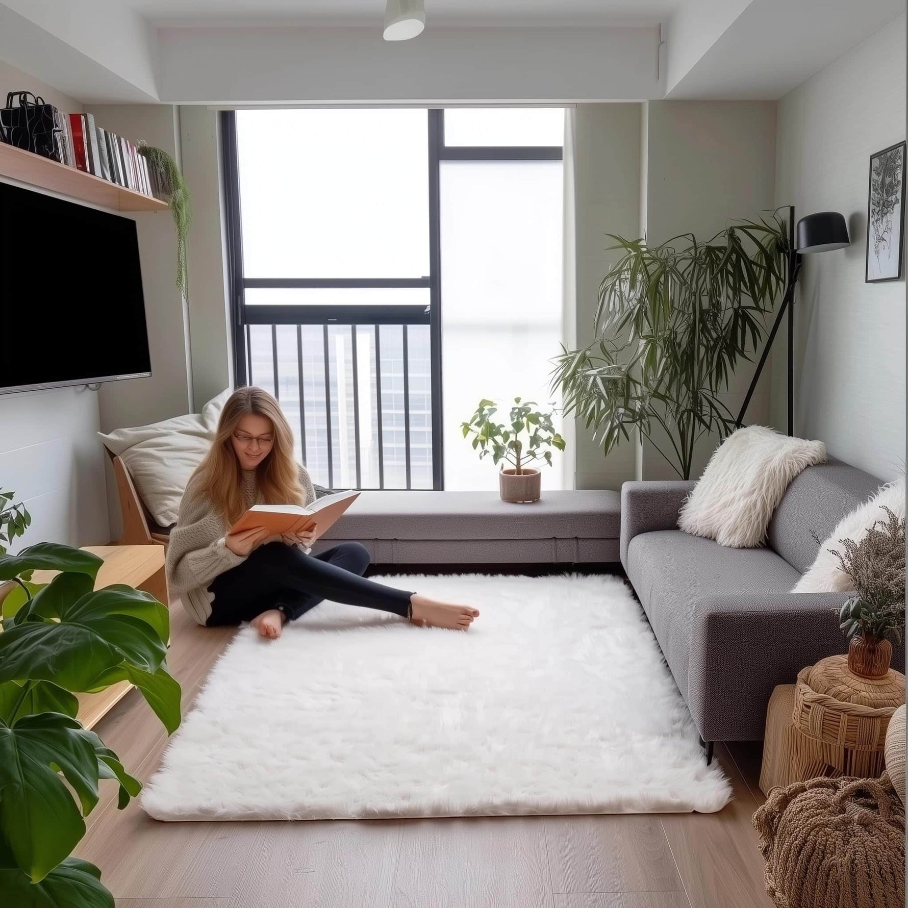 Ivory Serene Faux Fur Solid Fake Sheepskin Rug