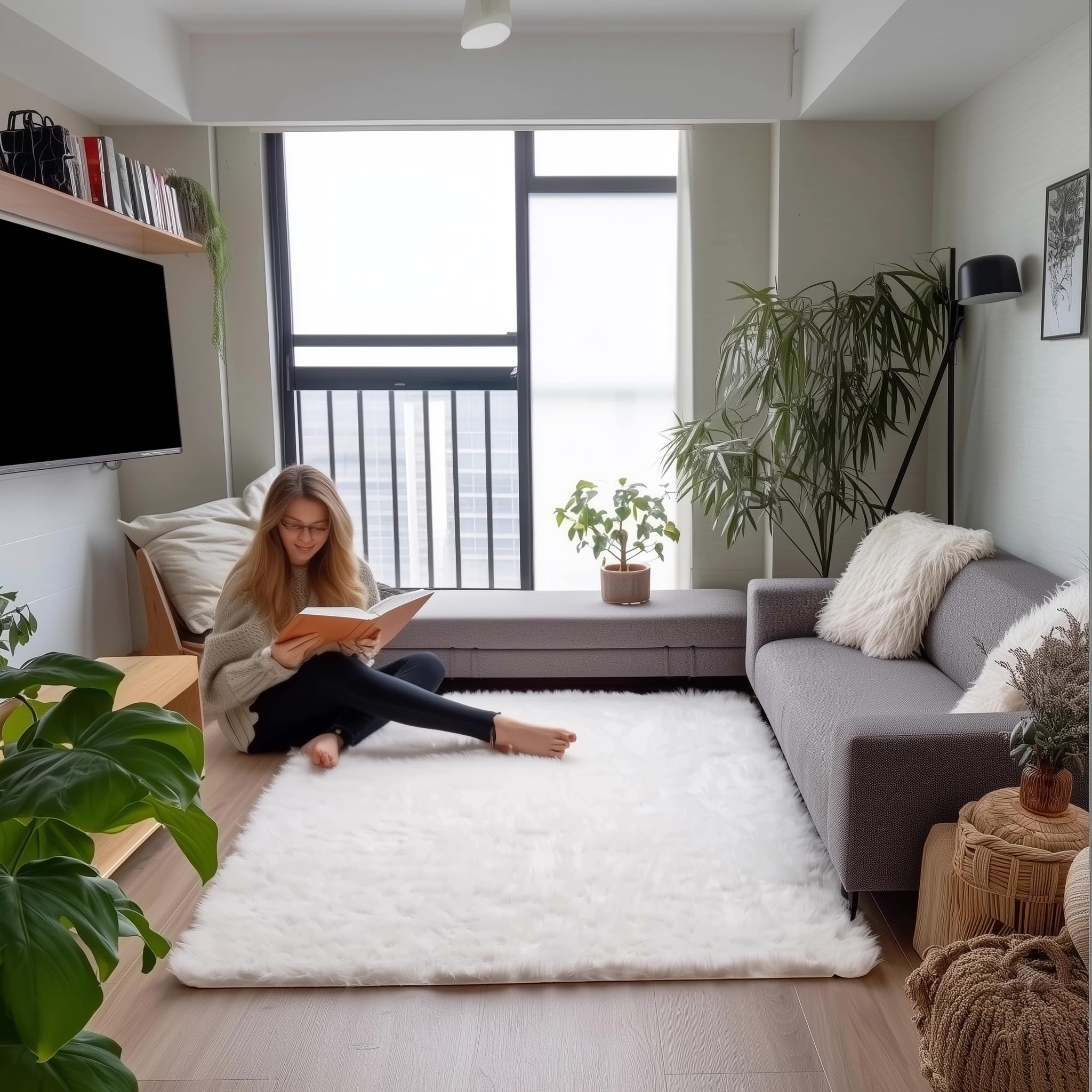 Ivory Serene Faux Fur Solid Fake Sheepskin Rug