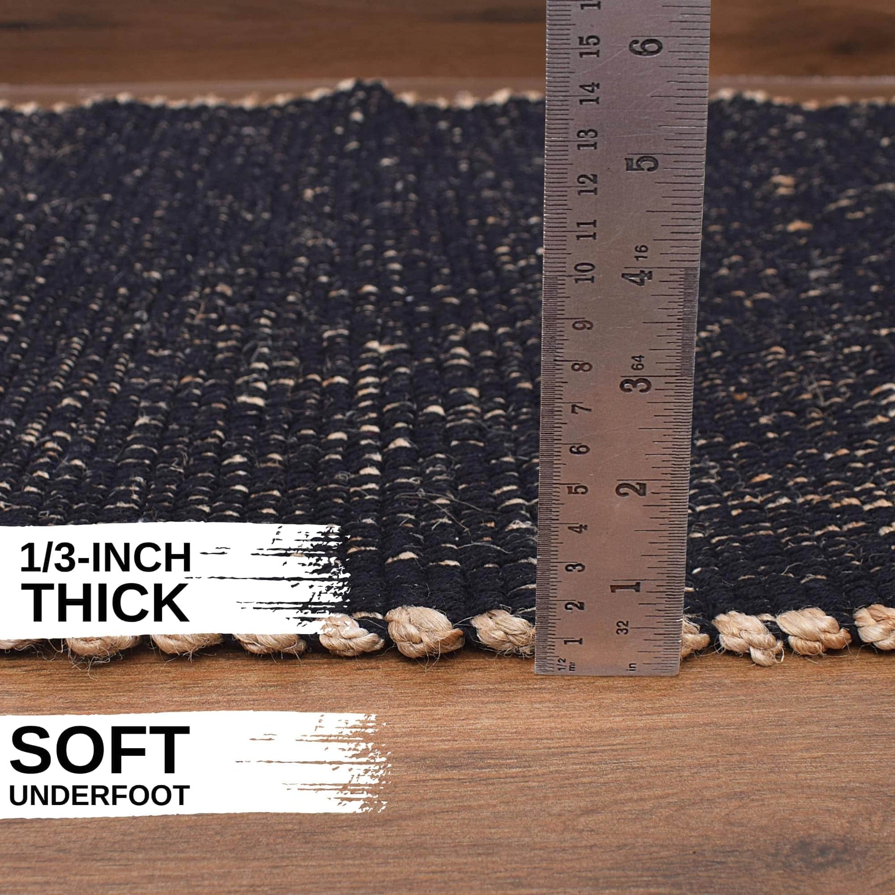 Black Jute & Cotton Woven Rug - Simple Farmhouse Reversible Rug