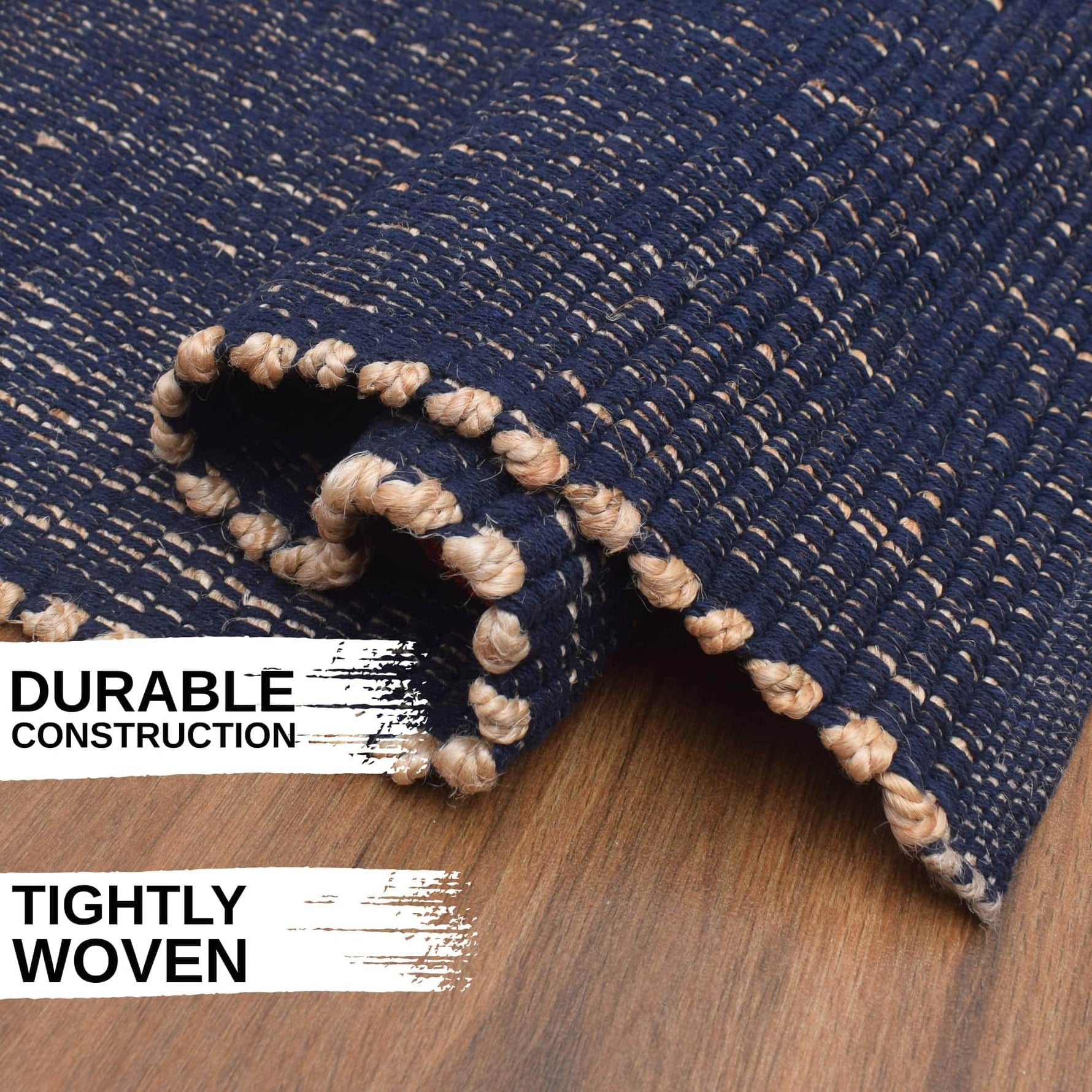 Navy Jute & Cotton Woven Rug - Simple Farmhouse Reversible Rug