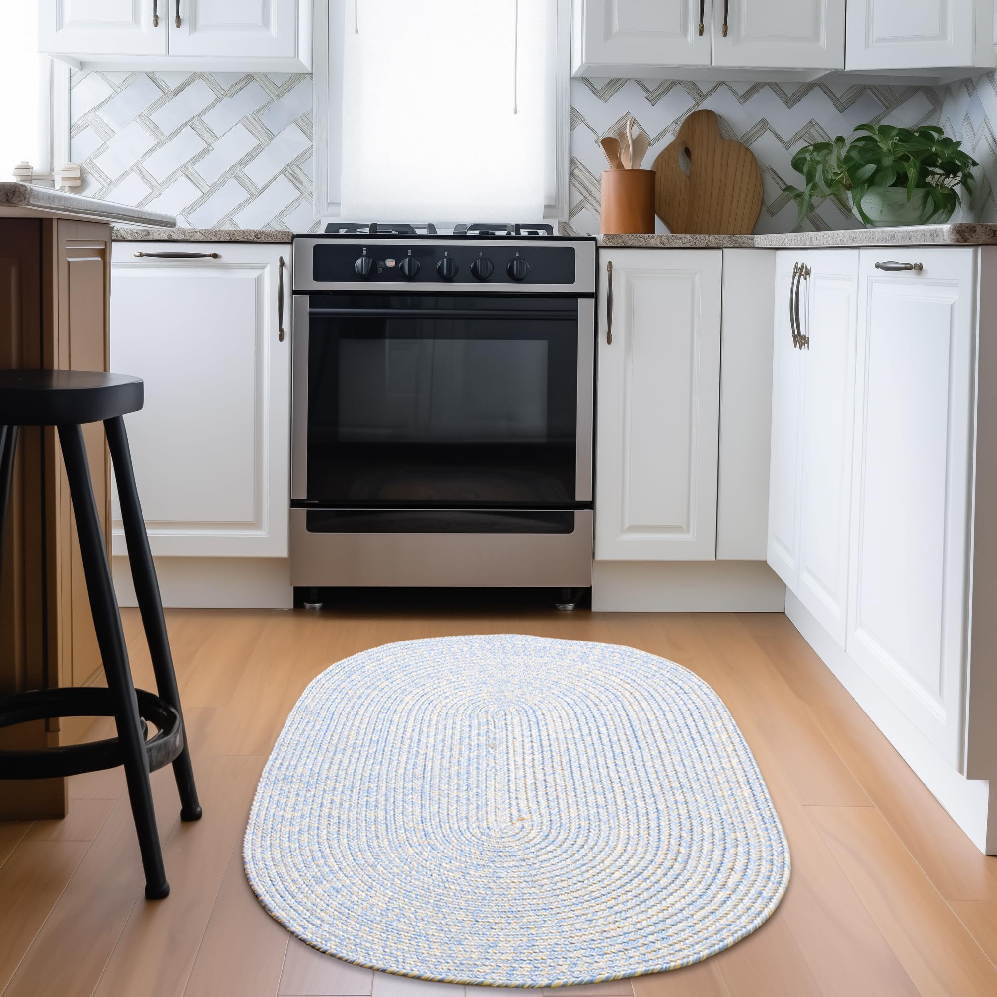 Blue, Beige Braided Rug - Reversible Solid Constrution - Indoor Outdoor & Kitchen Ready
