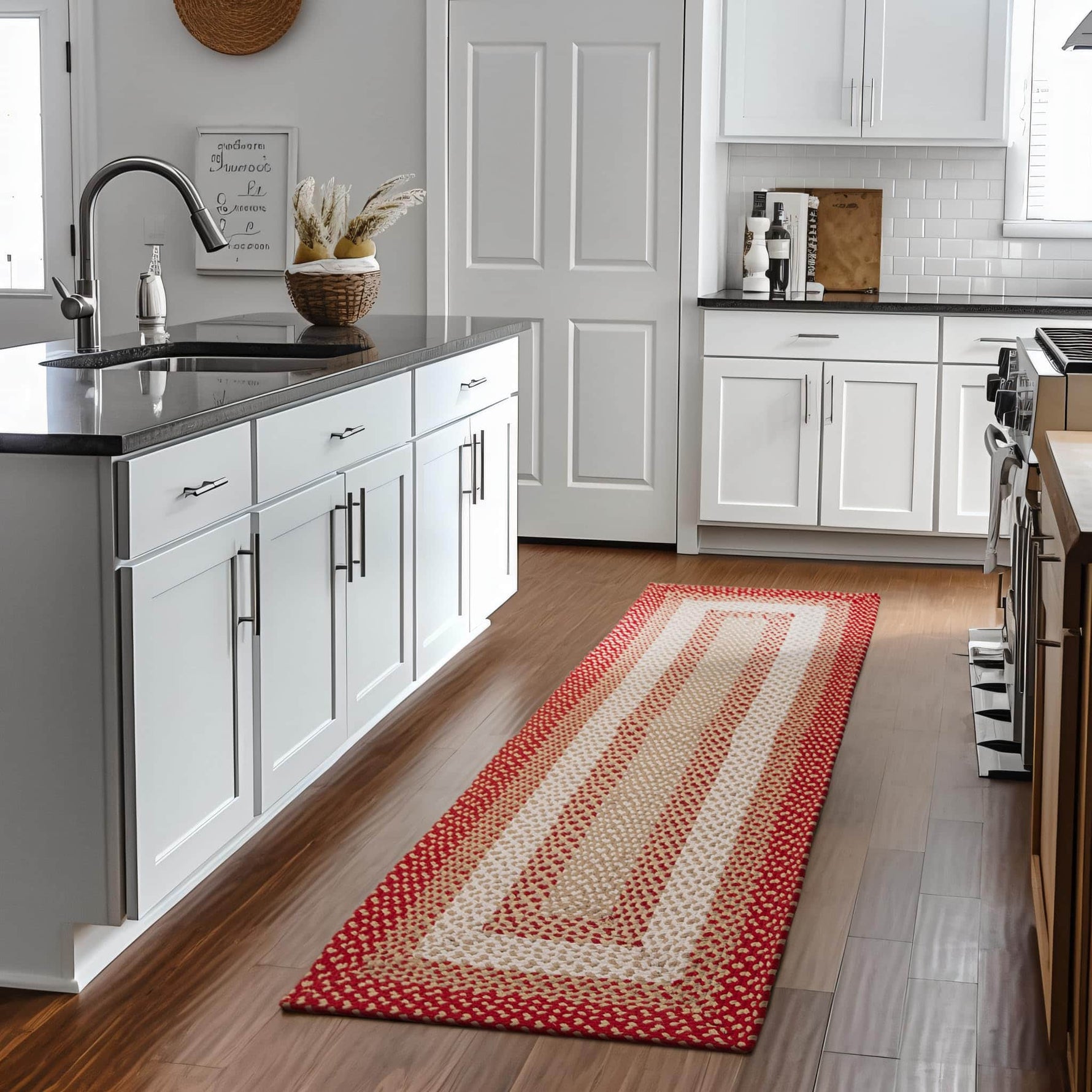Red, Cream Braided Rug - Soft Cotton Bordered Area Rug for Rustic Farmhouses
