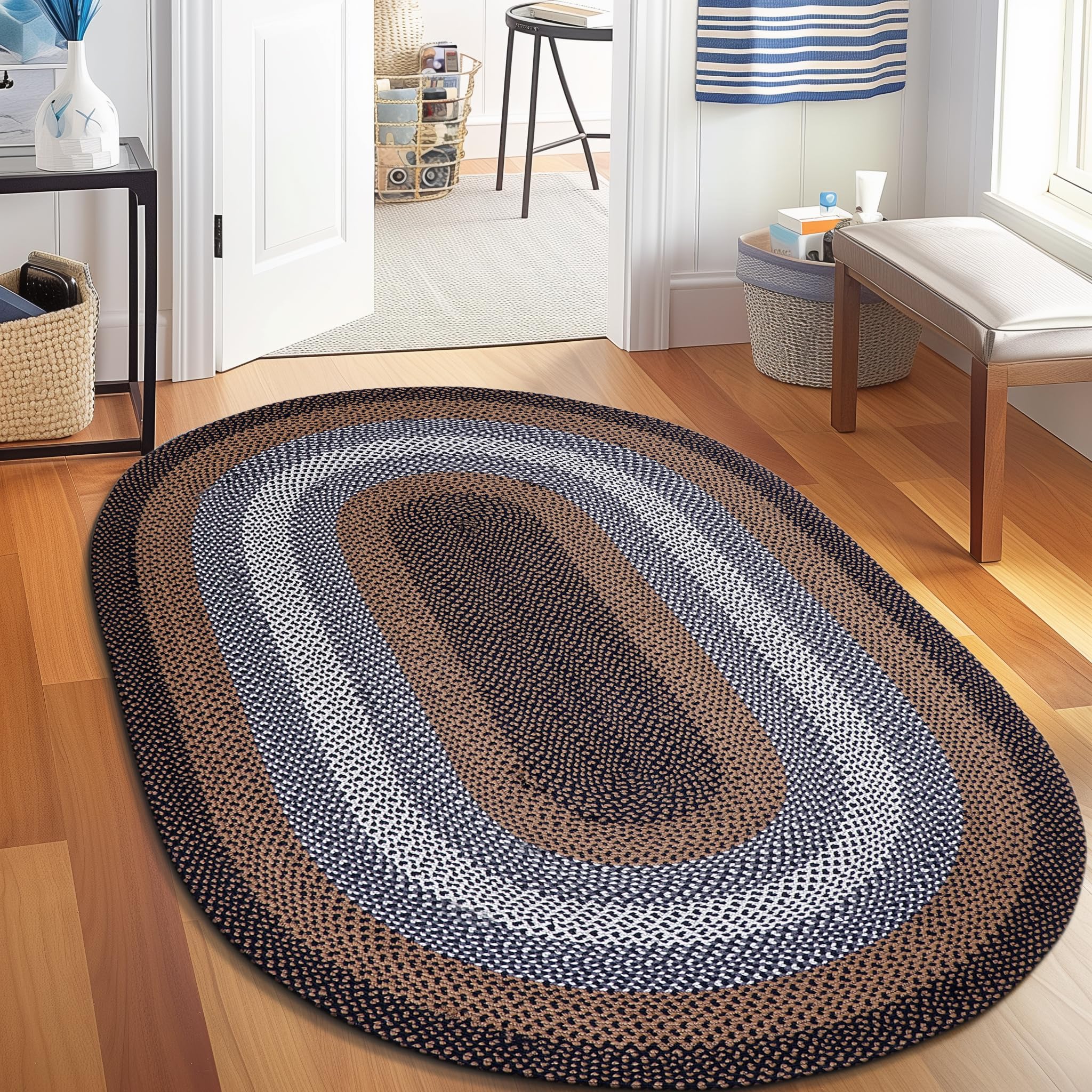 Black, Tan Indoor Outdoor Braided Rug for Patios, Porches and Kitchens - Bradford Collection