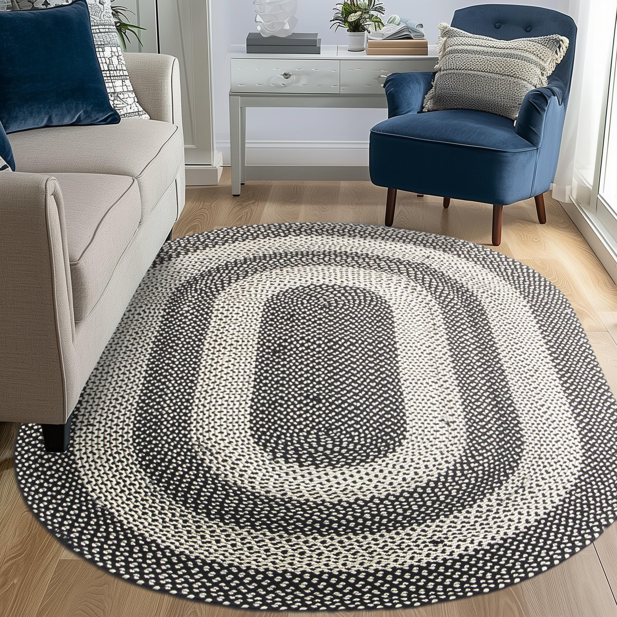 Black, White Indoor Outdoor Braided Rug for Patios, Porches and Kitchens - Bradford Collection