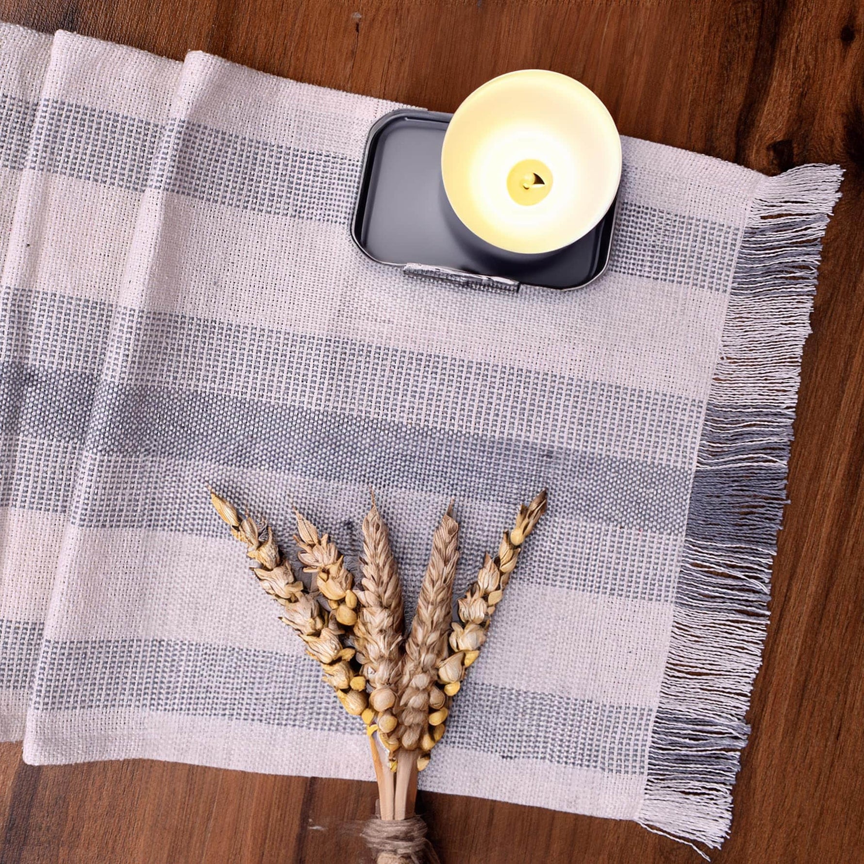 Ivory, Gray Table Runner Cotton Farmhouse Inspired