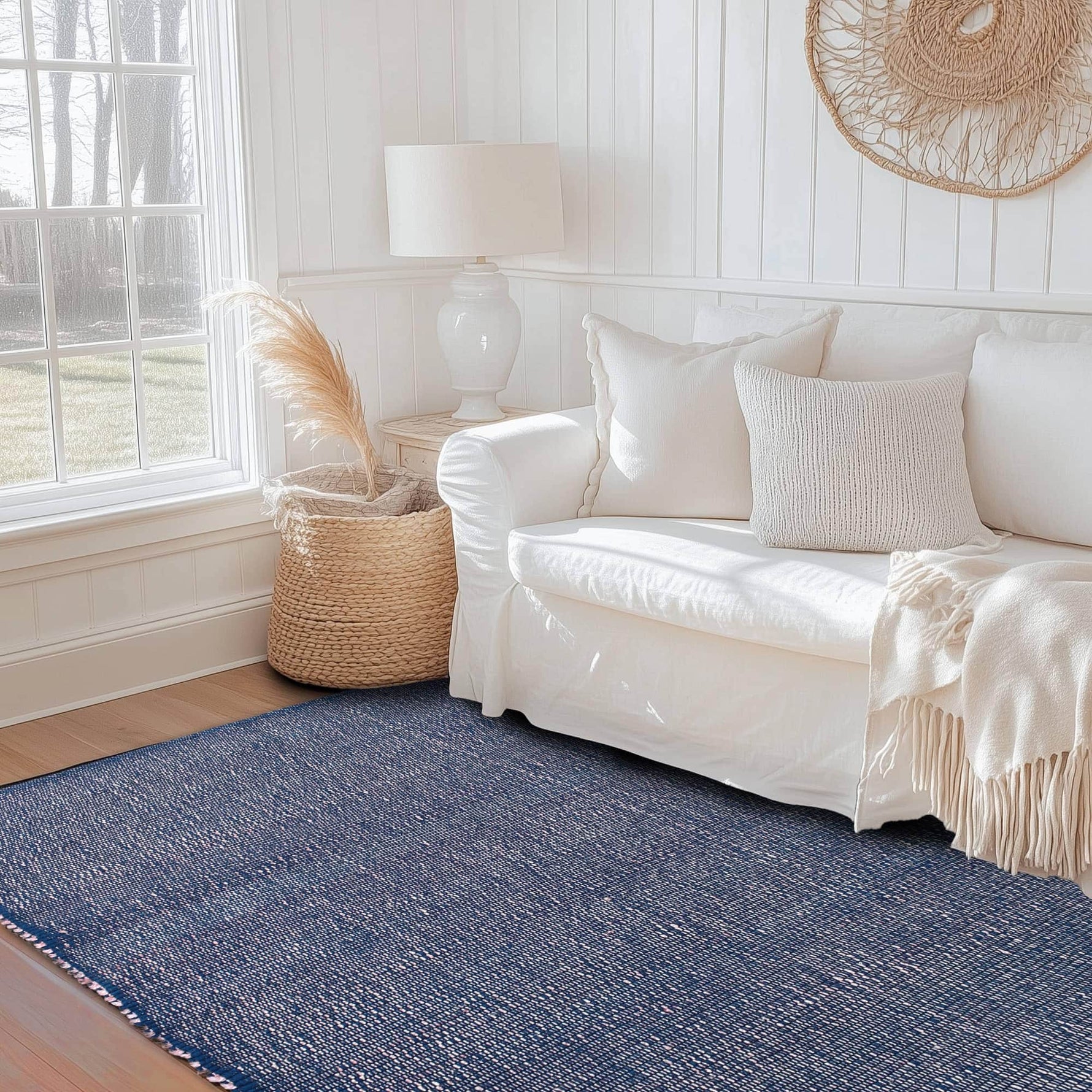 Navy Jute & Cotton Woven Rug - Simple Farmhouse Reversible Rug