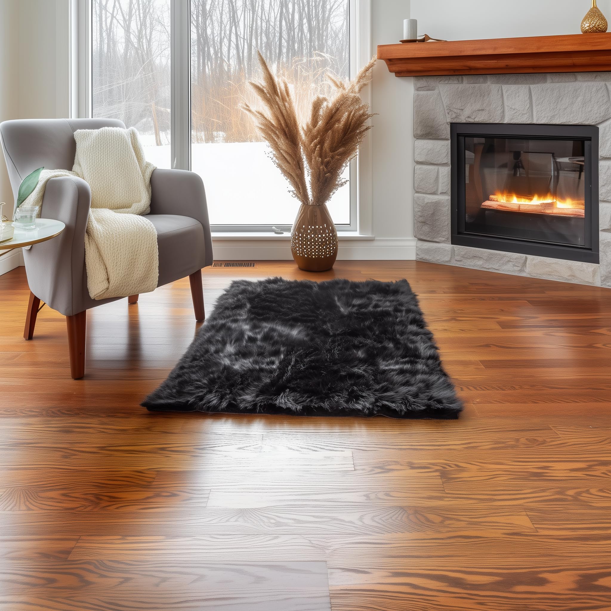 Black Serene Faux Fur Solid Fake Sheepskin Rug