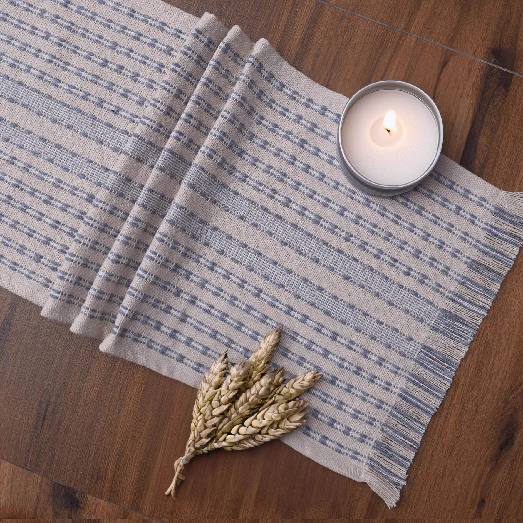 Ivory, Gray Table Runner Cotton Farmhouse Inspired