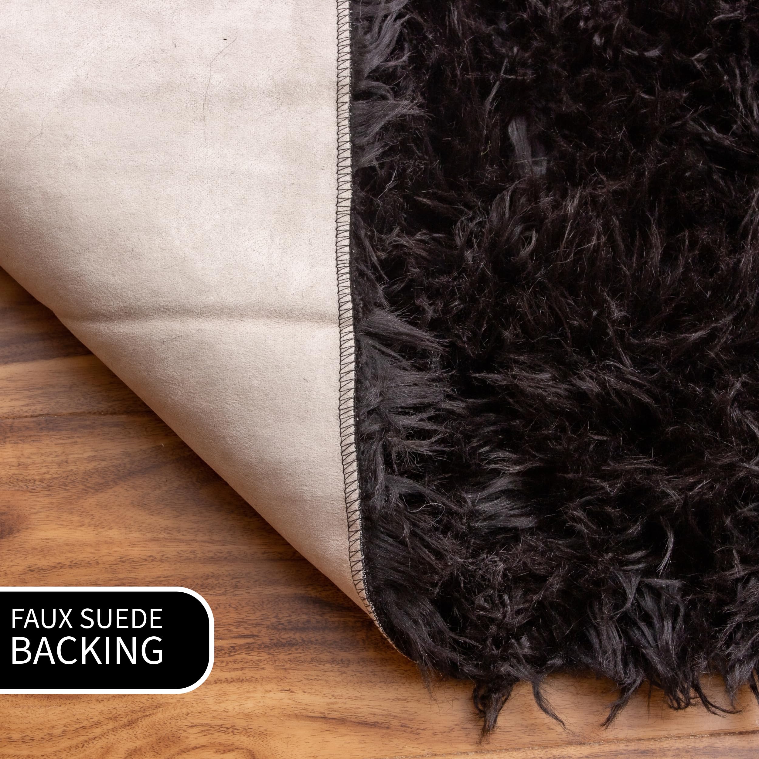 Black Serene Faux Fur Solid Fake Sheepskin Rug