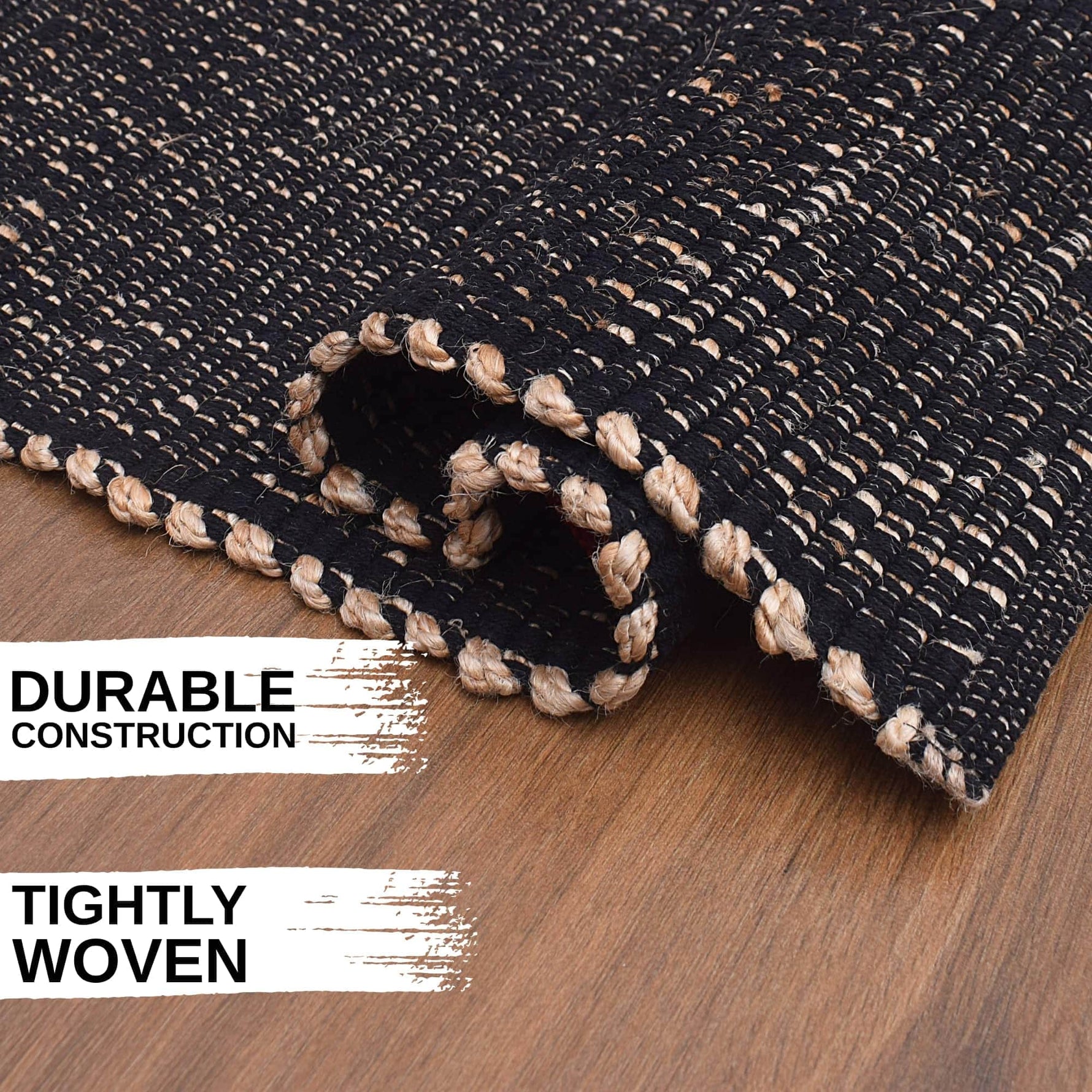 Black Jute & Cotton Woven Rug - Simple Farmhouse Reversible Rug