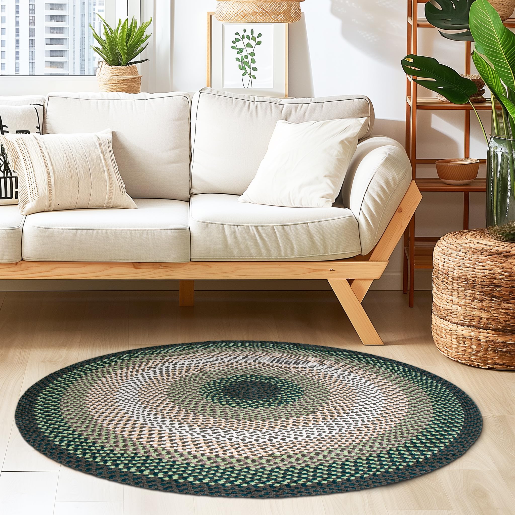 Green Charming Braided Rug for Farmhouse Living Rooms and Bedroom