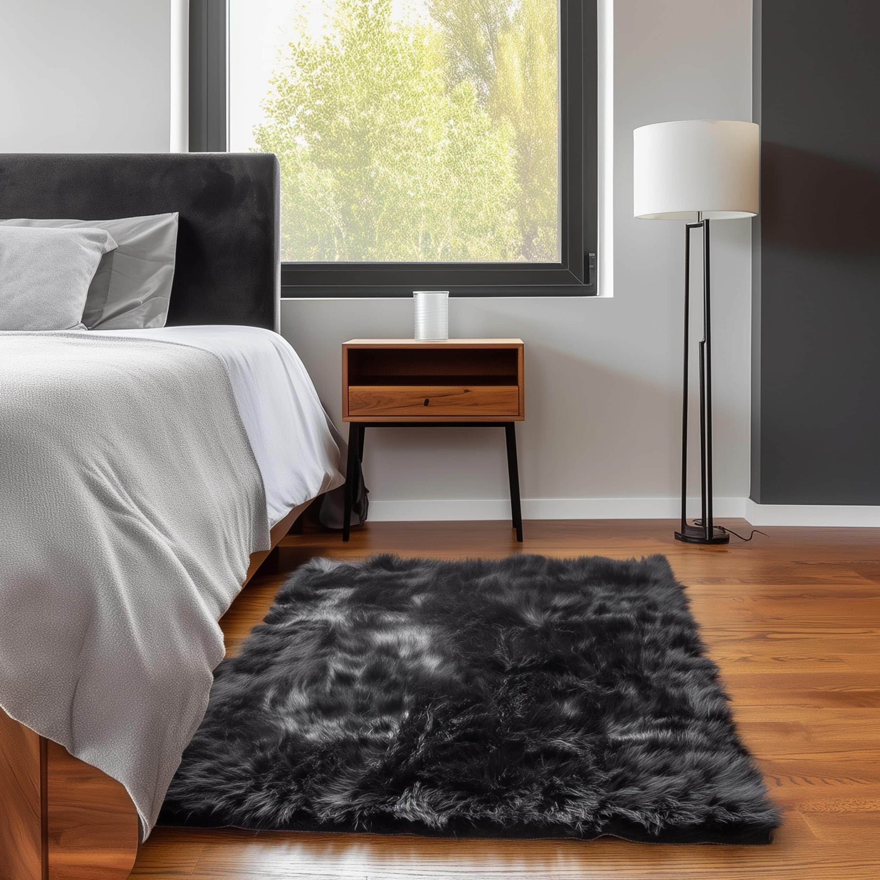 Black Serene Faux Fur Solid Fake Sheepskin Rug