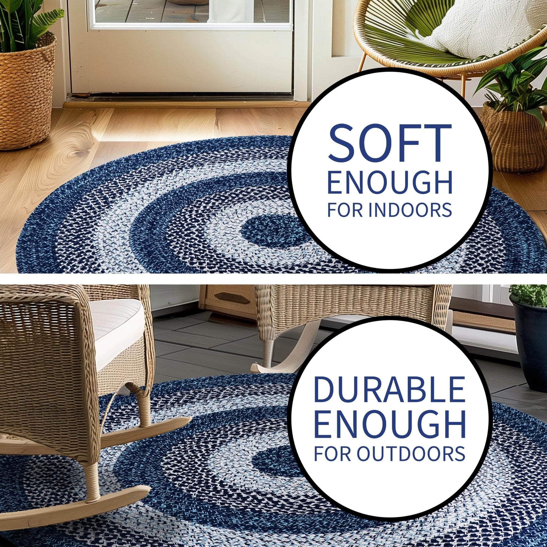 Teal, Black Indoor Outdoor Braided Rug for Patios, Porches and Kitchens - Bradford Collection