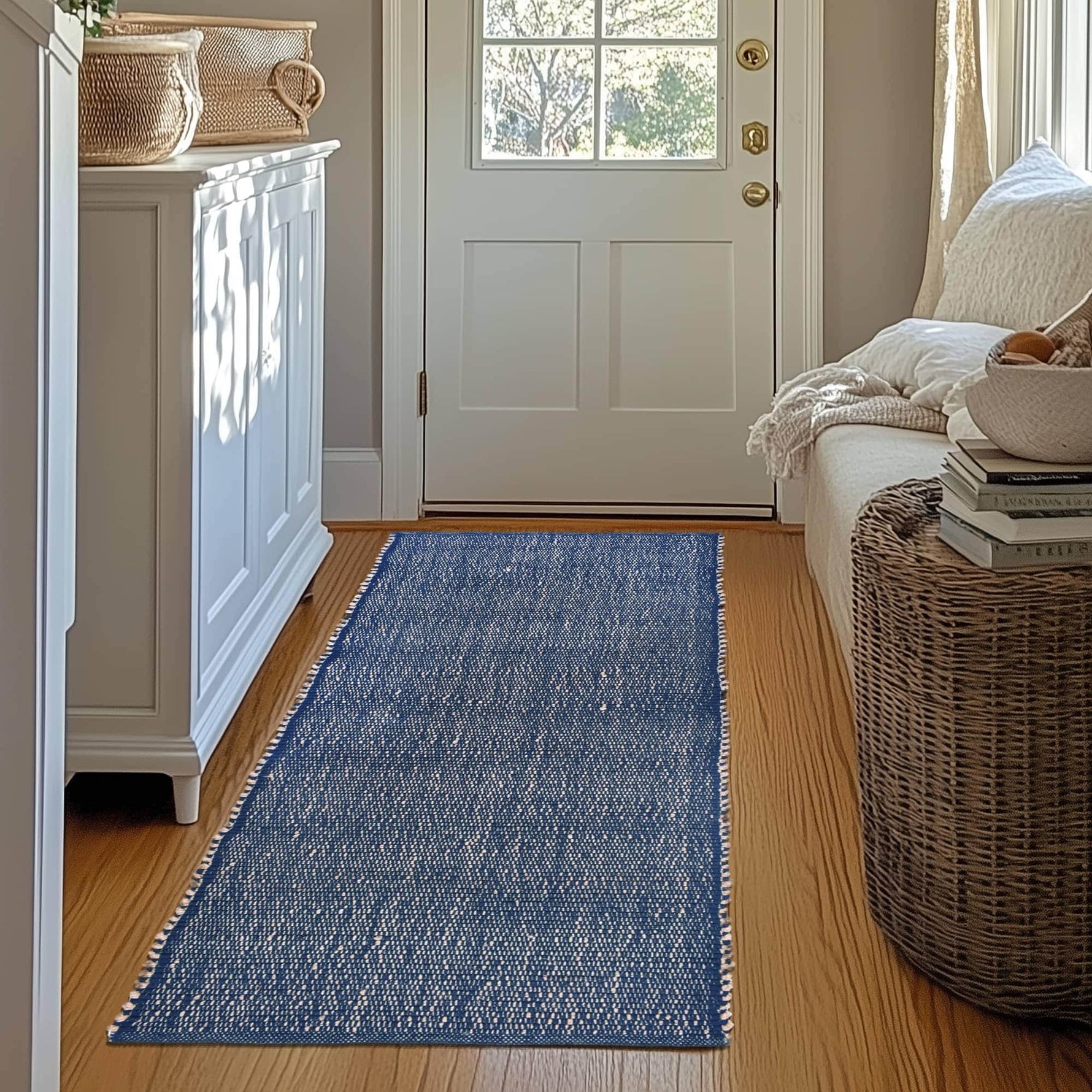 Navy Jute & Cotton Woven Rug - Simple Farmhouse Reversible Rug