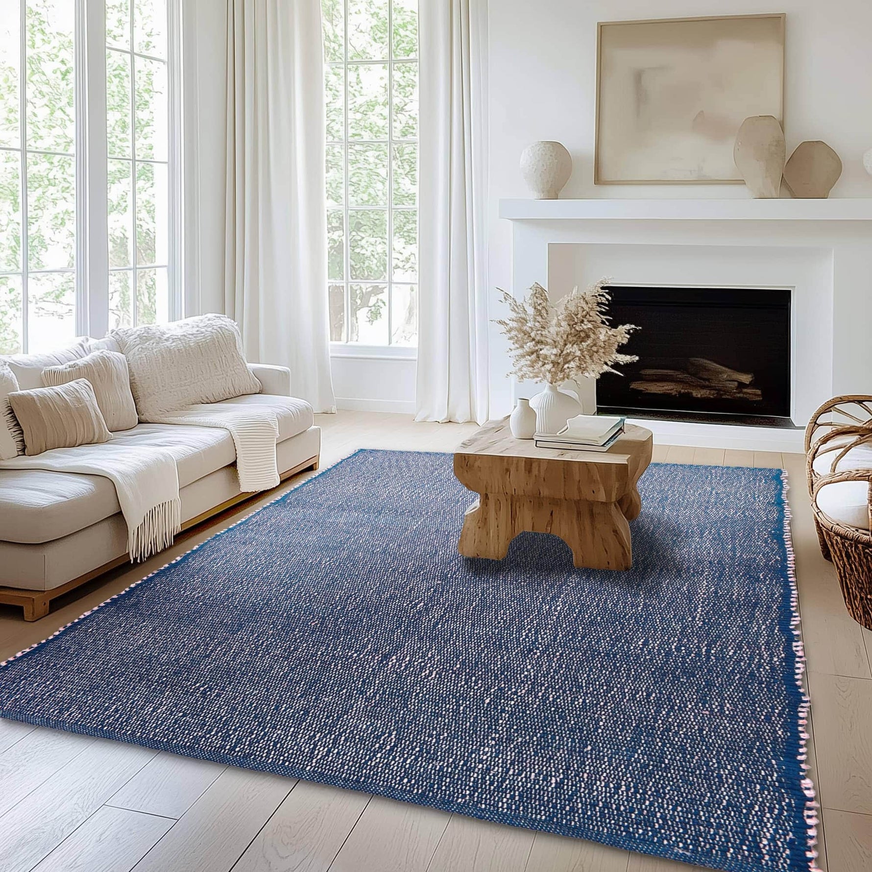 Navy Jute & Cotton Woven Rug - Simple Farmhouse Reversible Rug