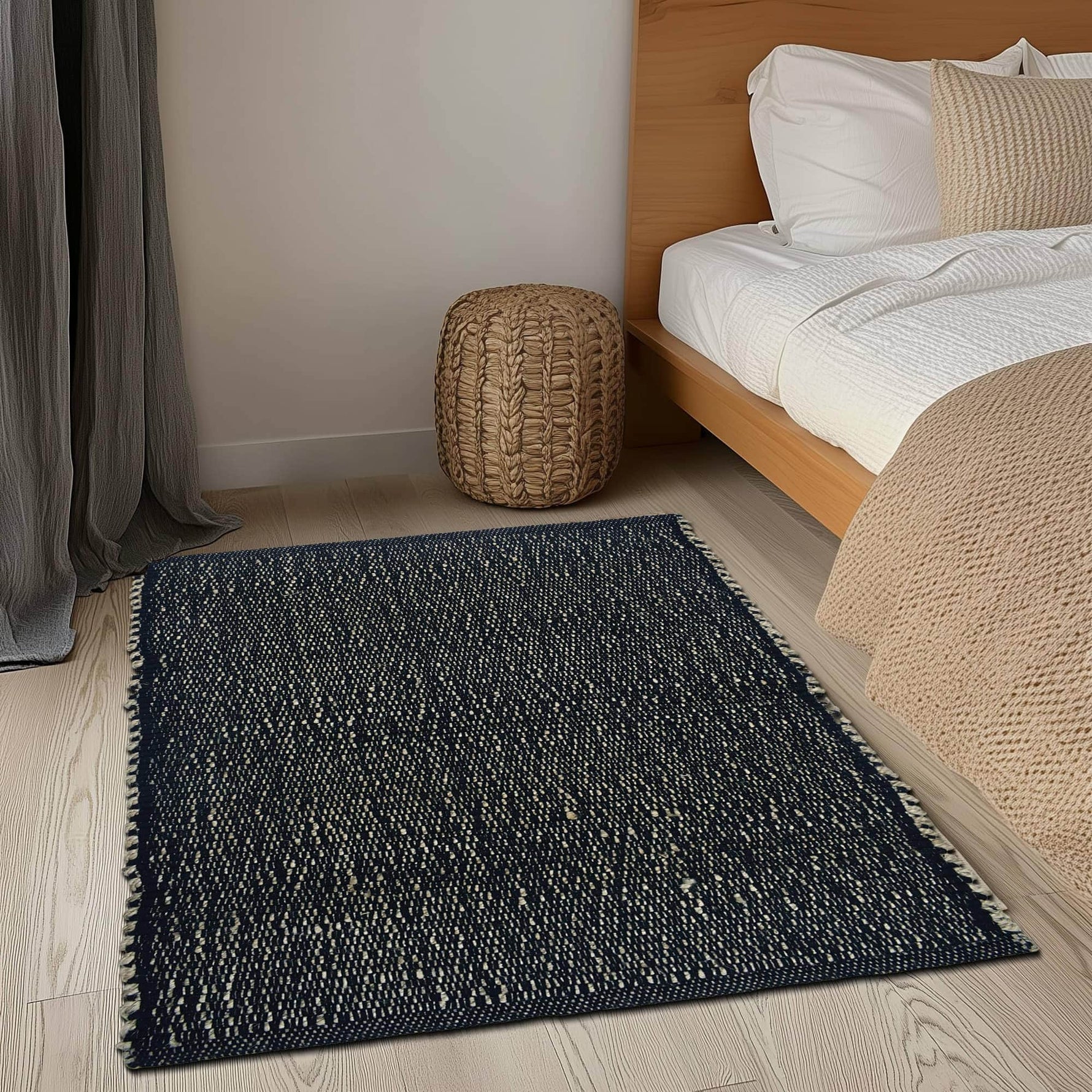 Black Jute & Cotton Woven Rug - Simple Farmhouse Reversible Rug