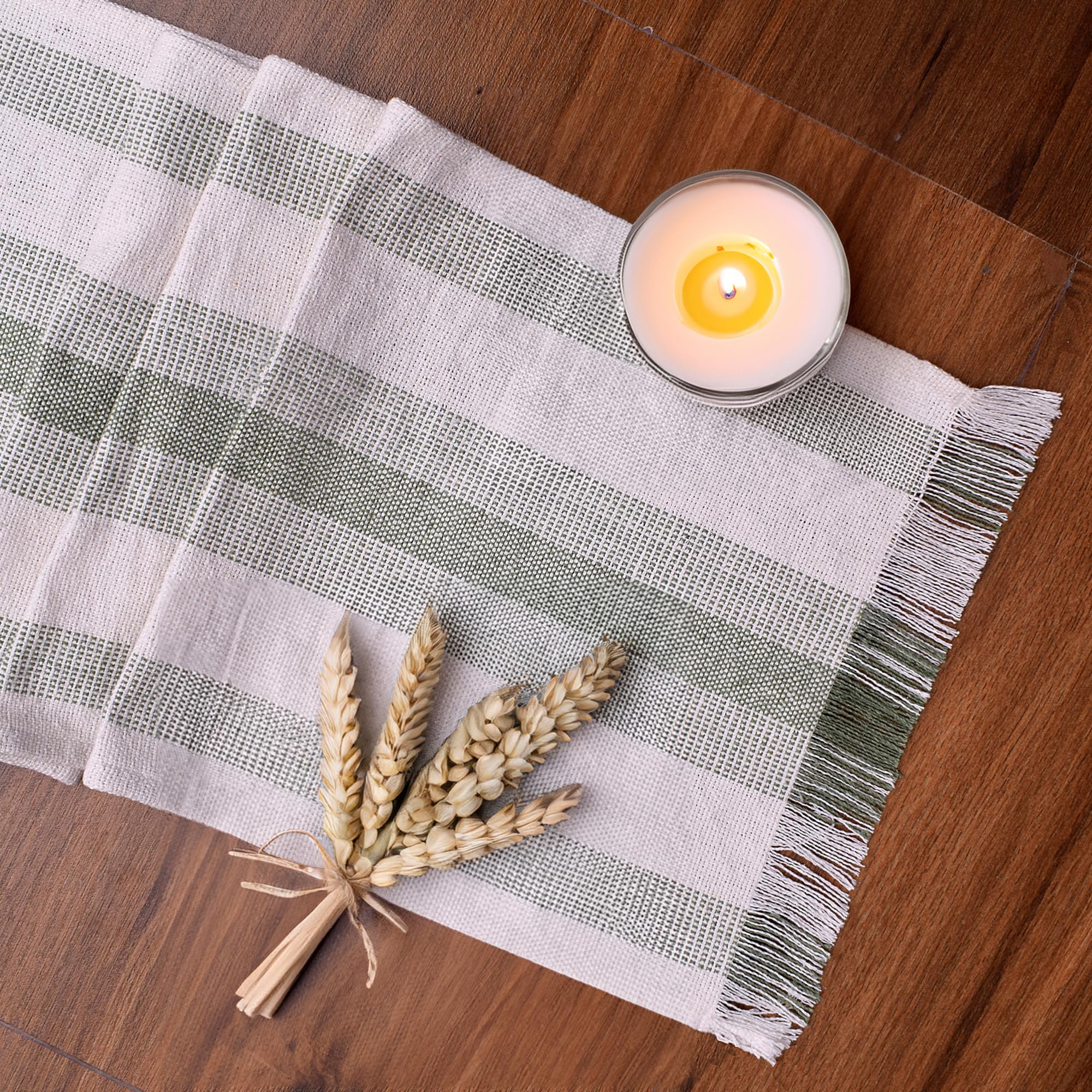 Ivory, Green Table Runner Cotton Farmhouse Inspired