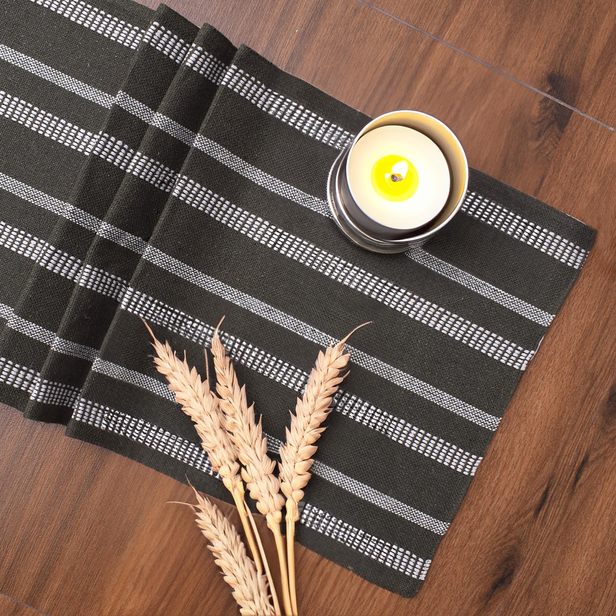 Ivory, Green Table Runner Cotton Farmhouse Inspired