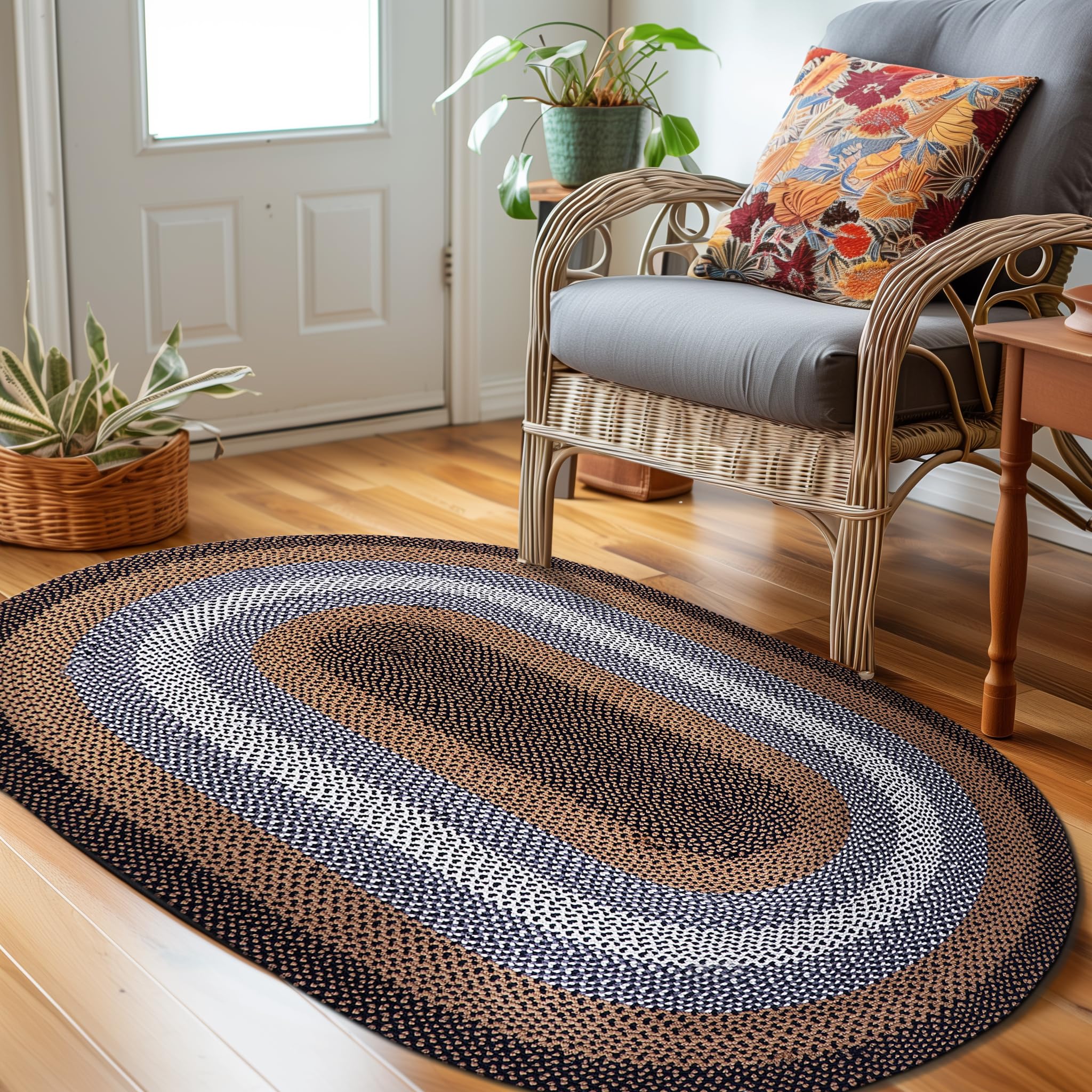 Black, Tan Indoor Outdoor Braided Rug for Patios, Porches and Kitchens - Bradford Collection