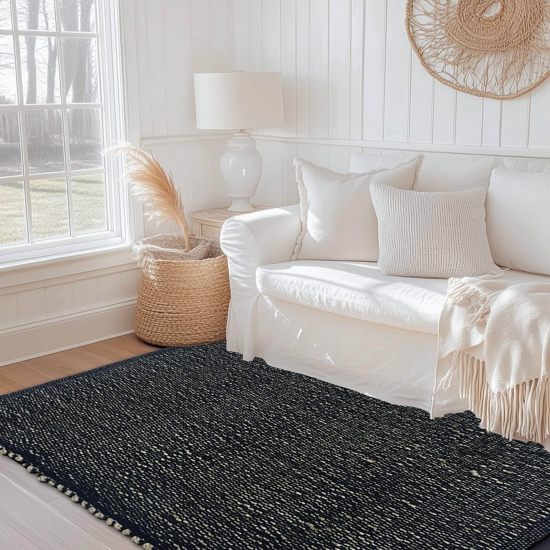 Black Jute & Cotton Woven Rug - Simple Farmhouse Reversible Rug