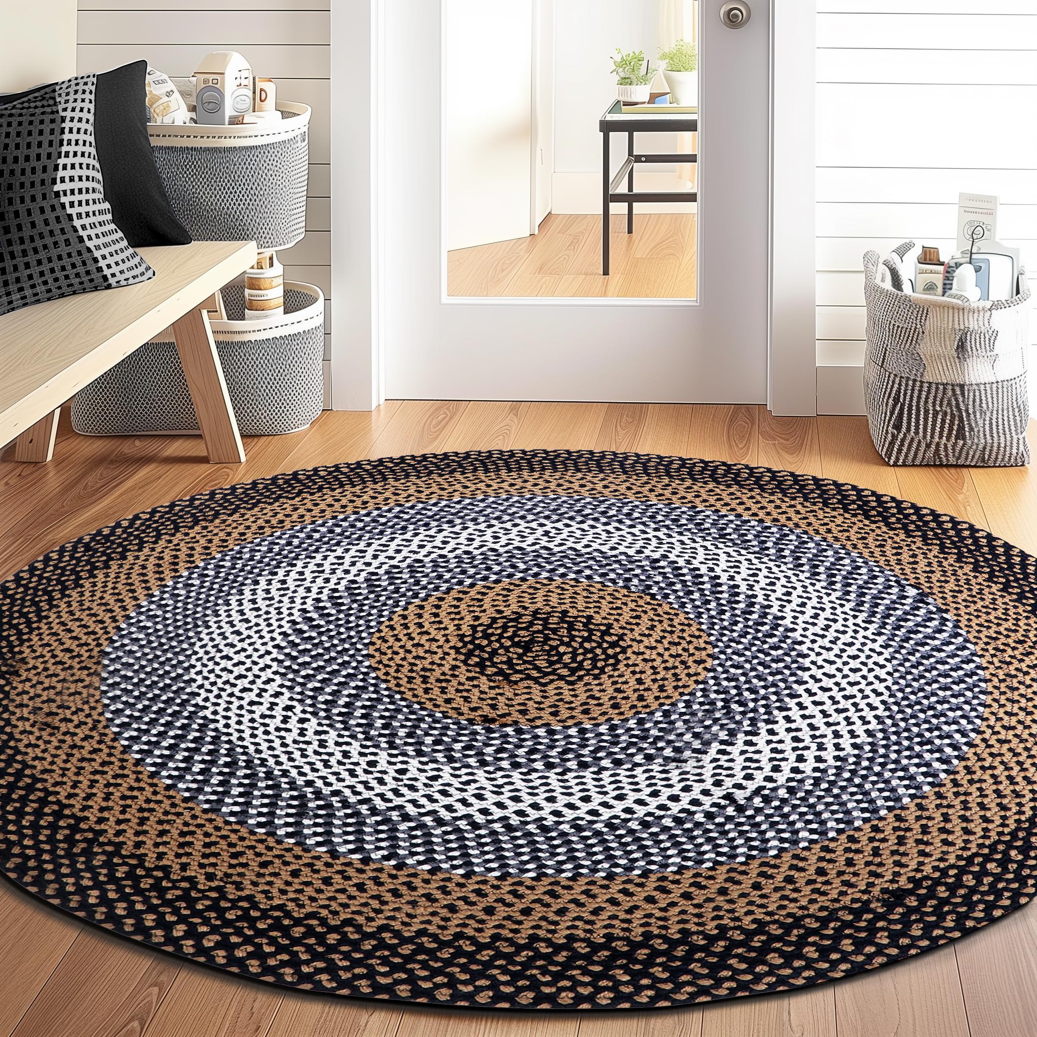 Black, Tan Indoor Outdoor Braided Rug for Patios, Porches and Kitchens - Bradford Collection